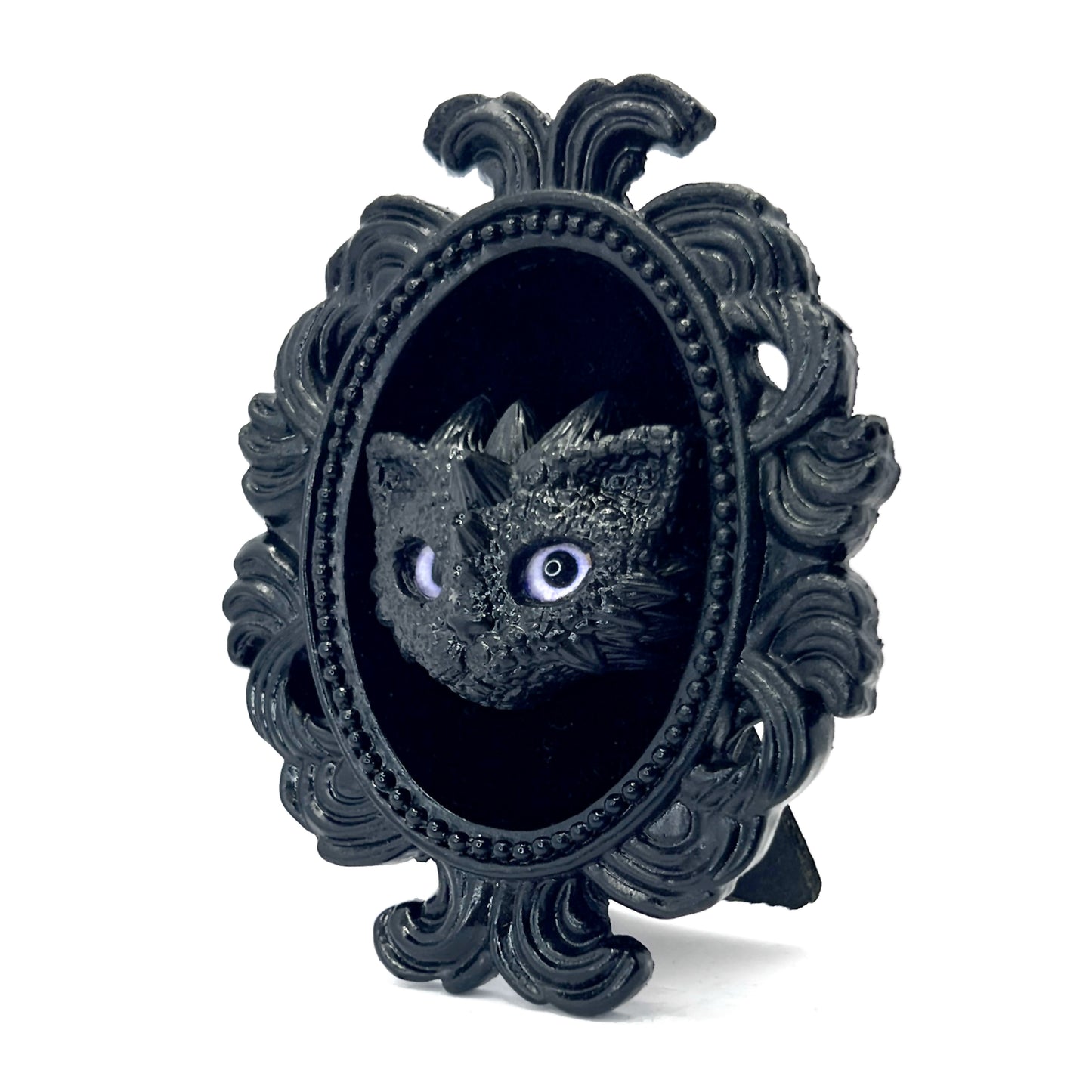 Small Black Resin Oval Frame with Black Cat Face on Black Velvet Gothic Home Deco