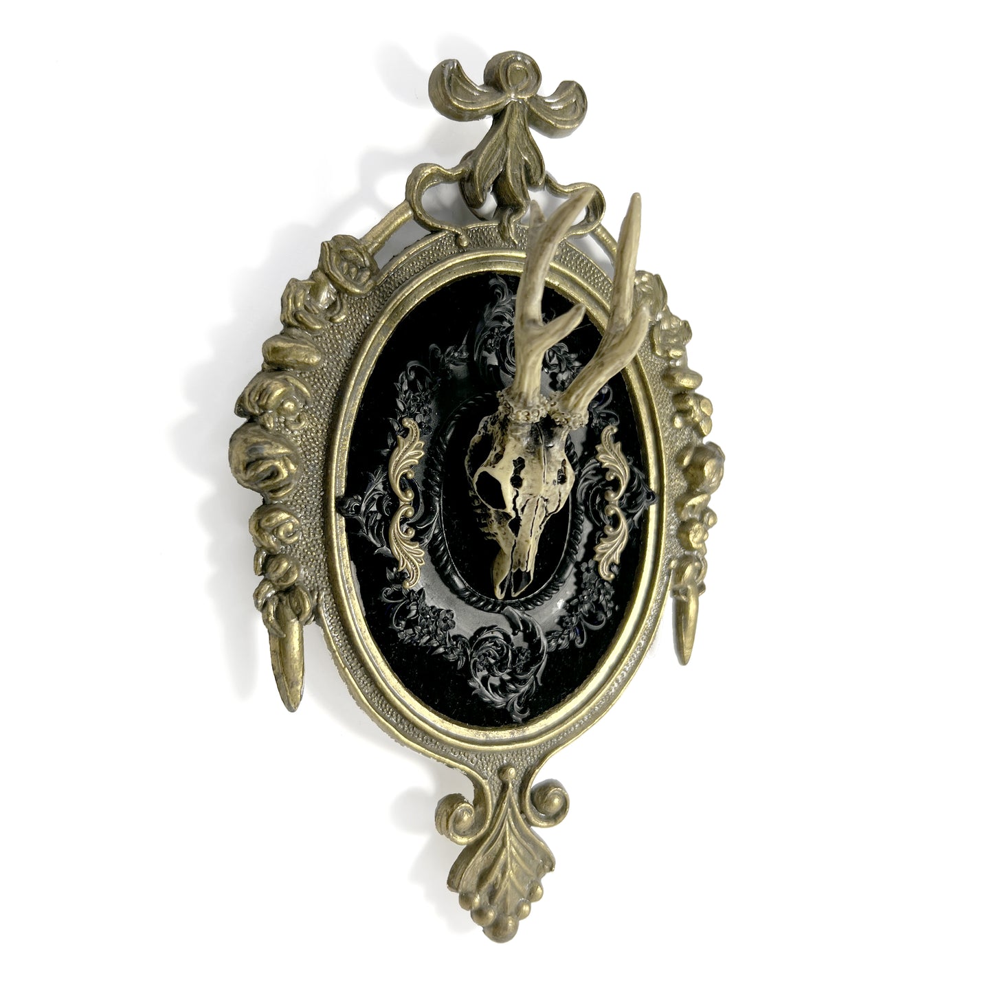 Resin Deer Skull on Black Velvet Antique Framed Home Deco