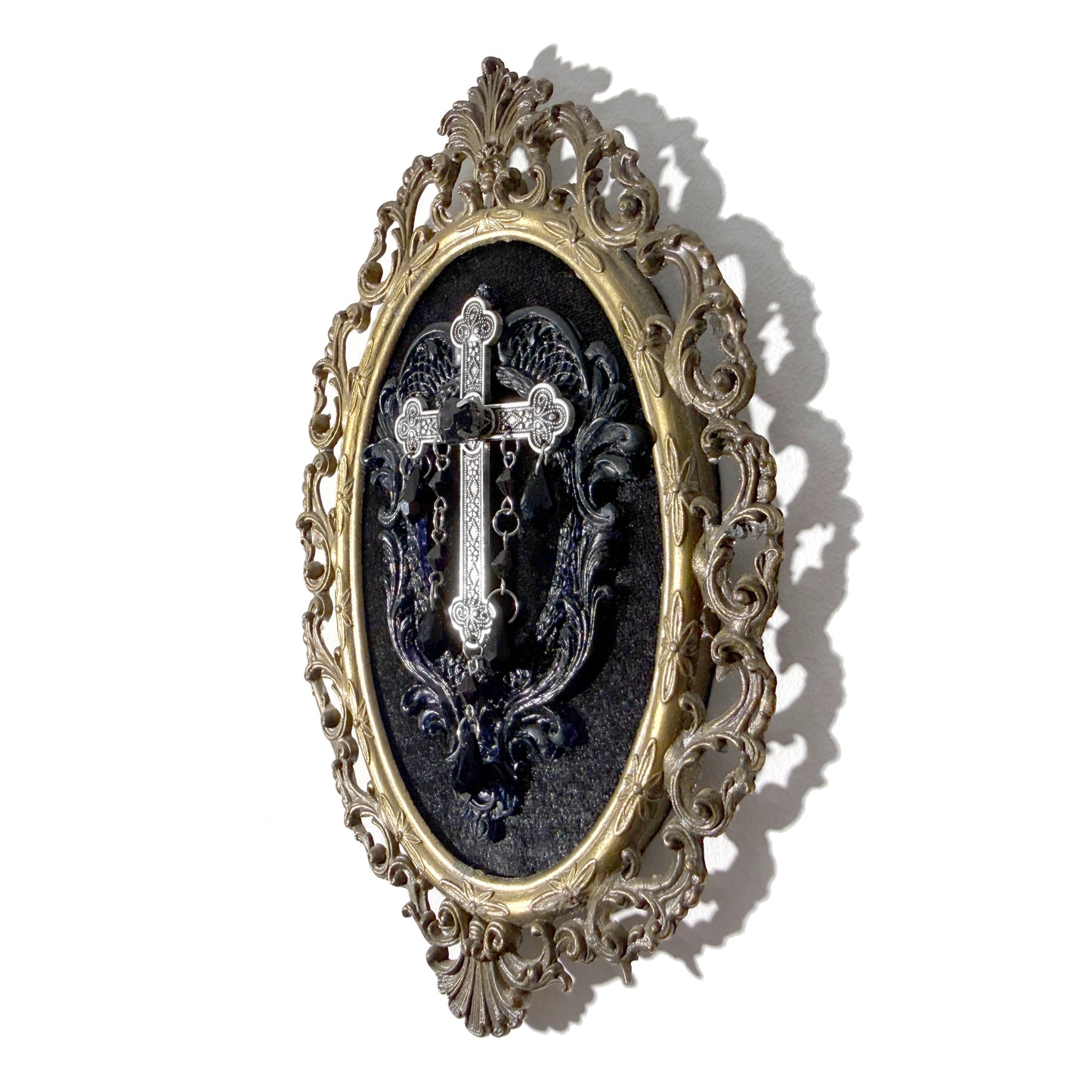 Large Gothic Silver Cross on Black Velvet Antique Framed Home Deco