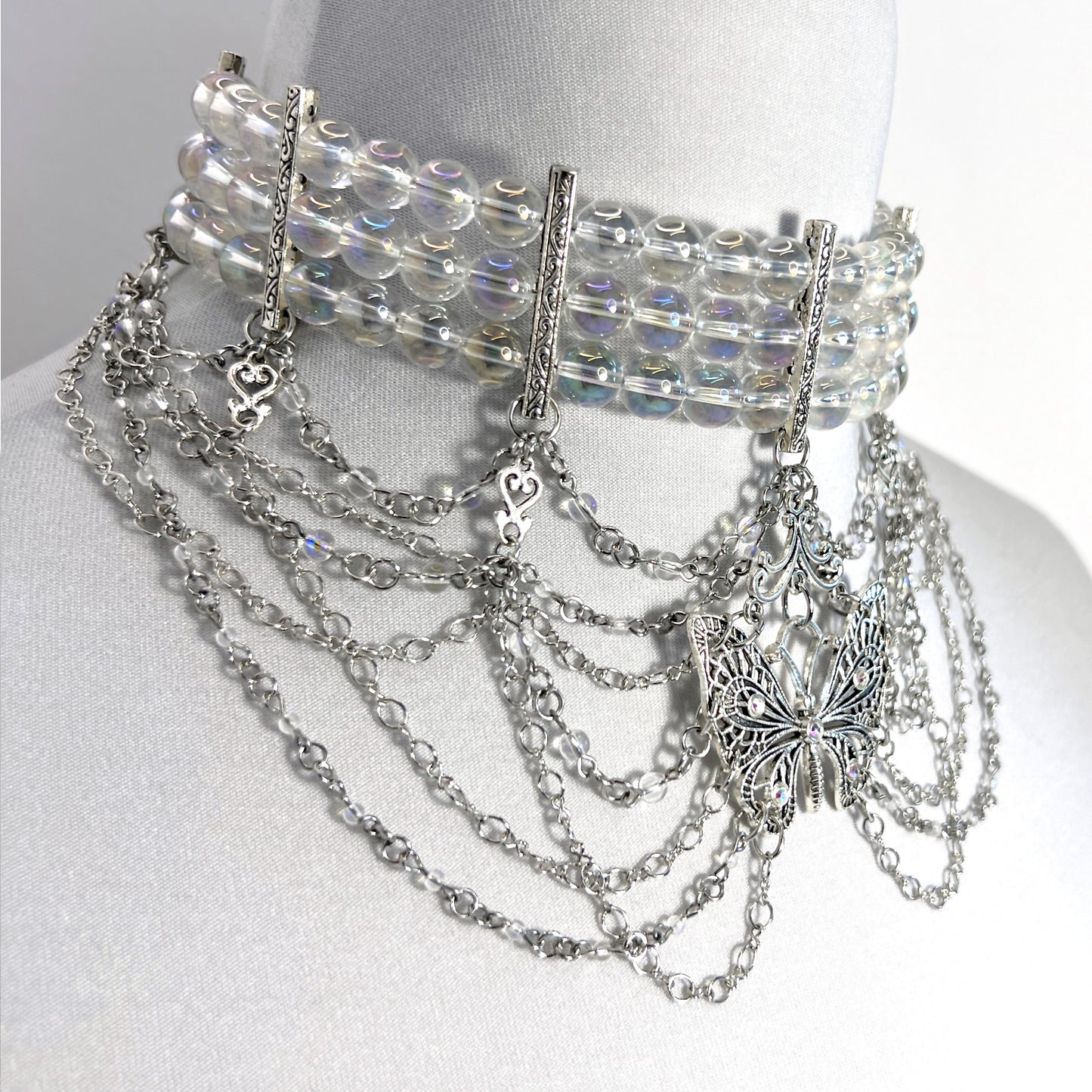 Iridescent Bead and Butterfly Choker Necklace