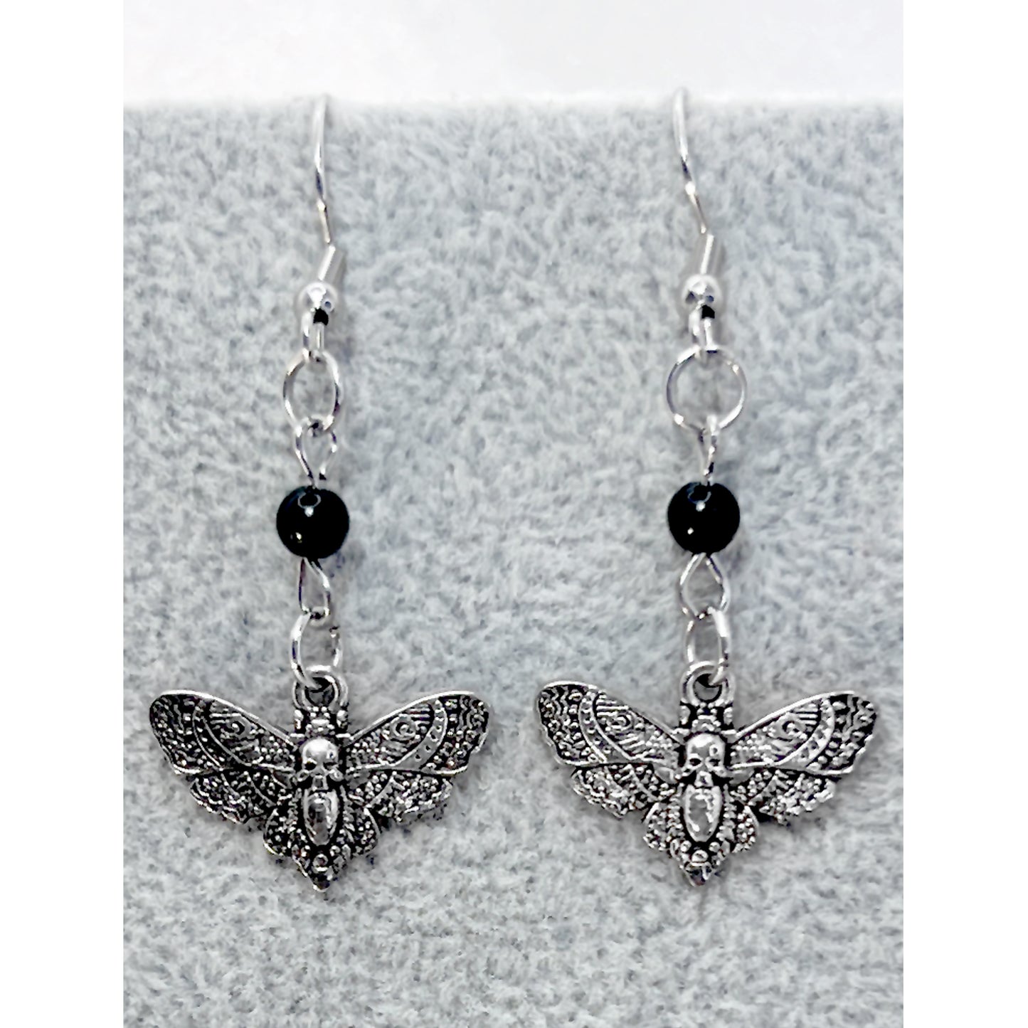 Small Silver Death Head Moth and Bead Earrings