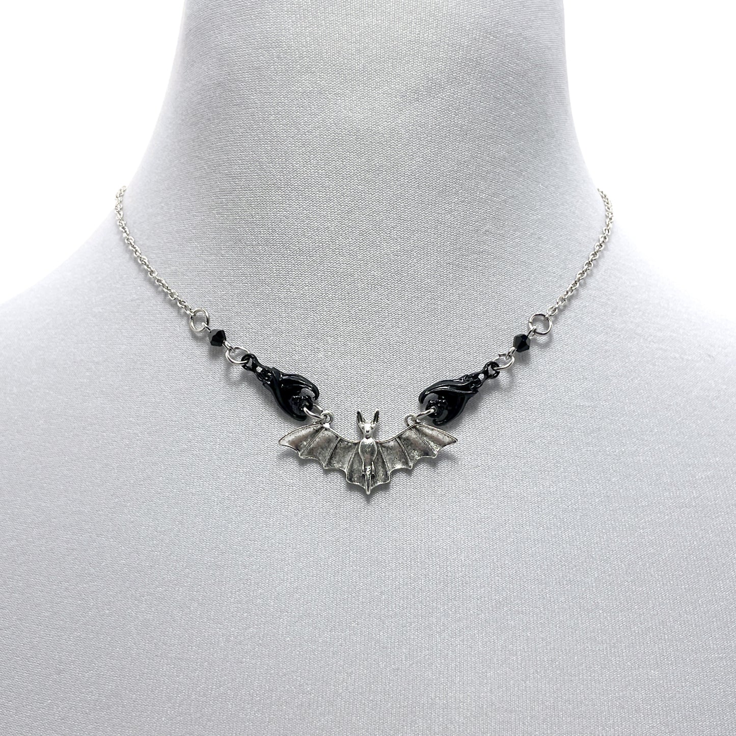 Silver and Black Three Bat Gothic Necklace