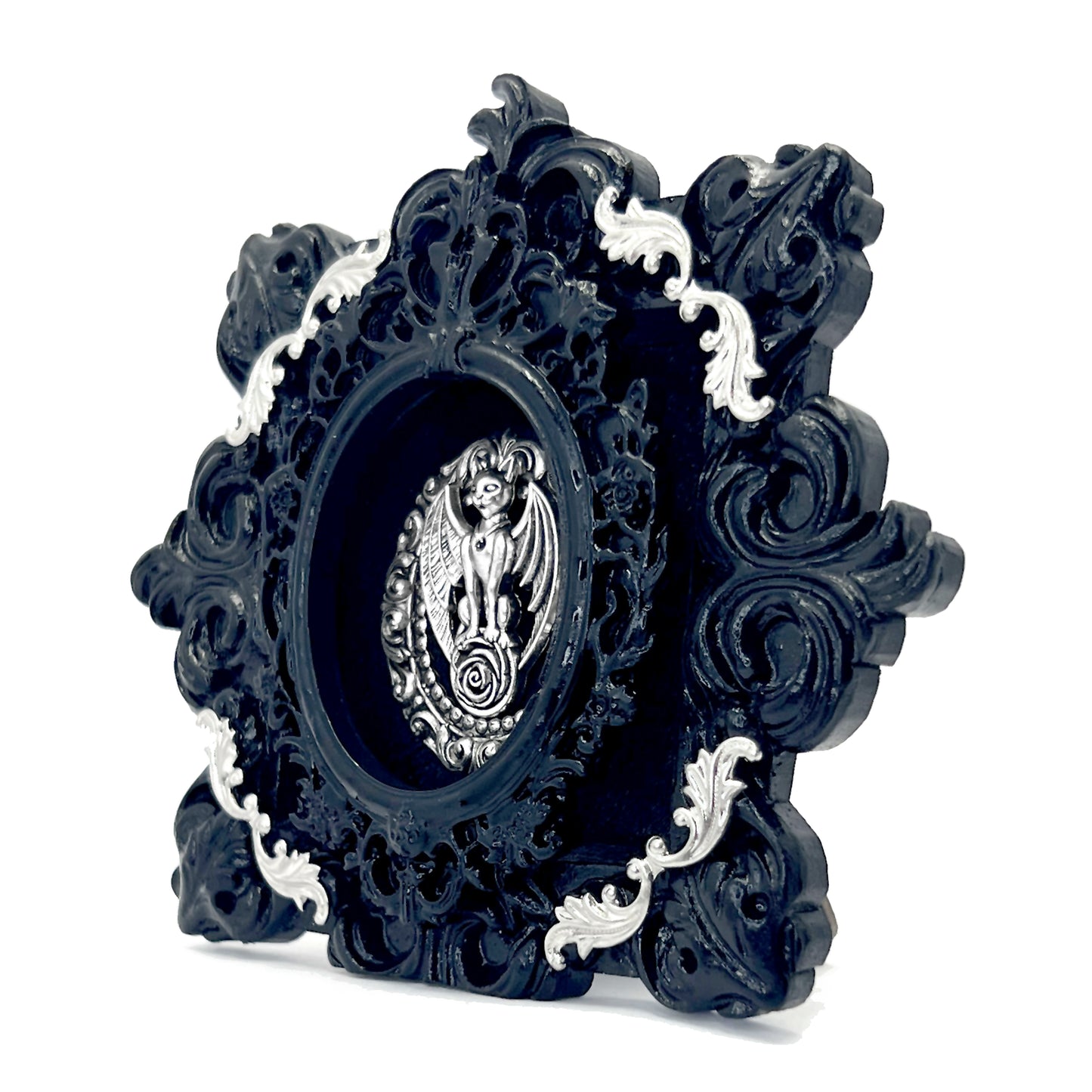 Small Black Resin Frame with Bat Cat on Black Velvet Gothic Home Deco
