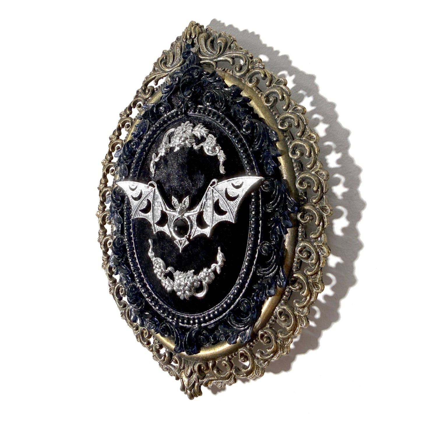 Silver Moon Phases Bat on Black Velvet Antique Framed Home Deco