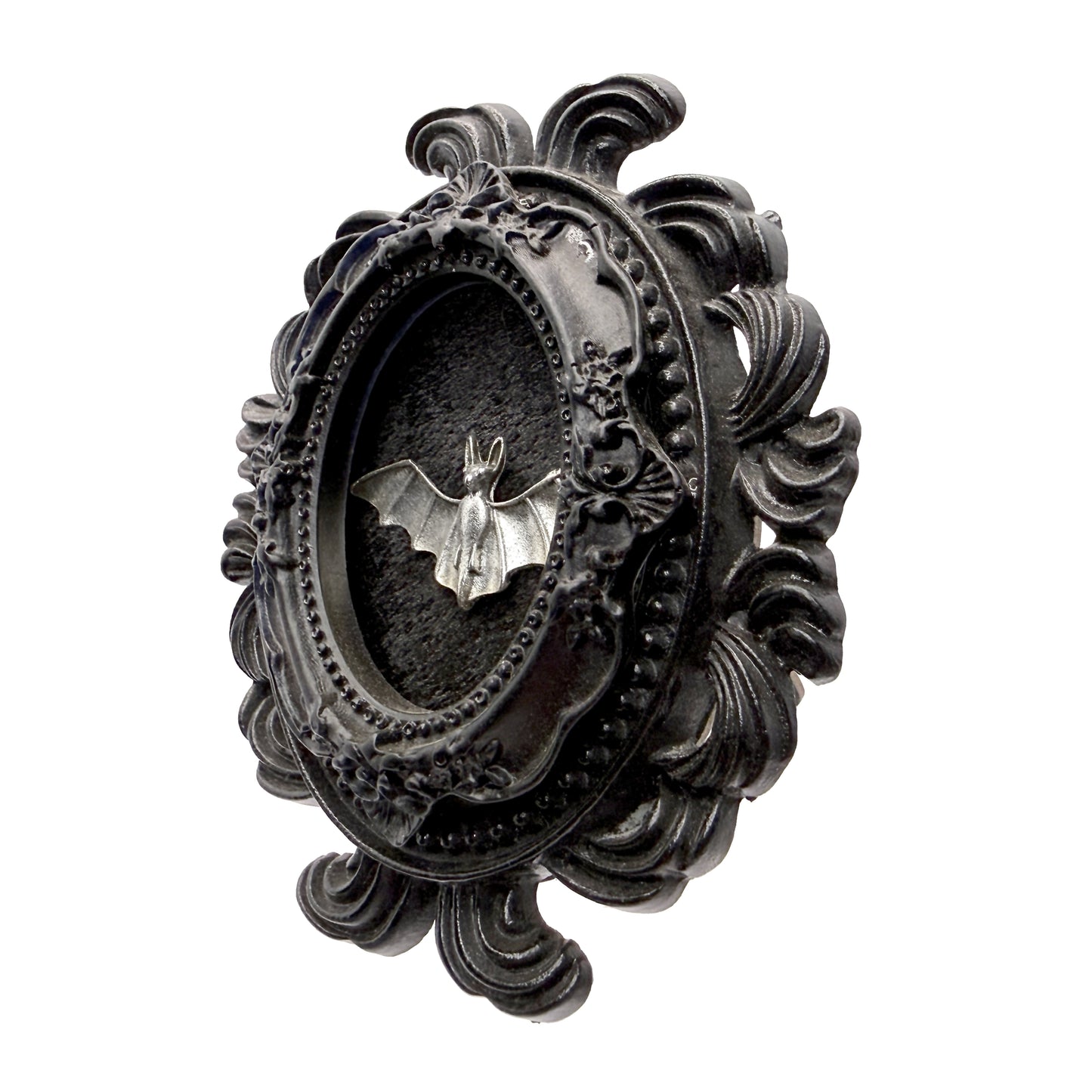 Small Black Resin Oval Frame with Flying Bat on Black Velvet Gothic Home Deco