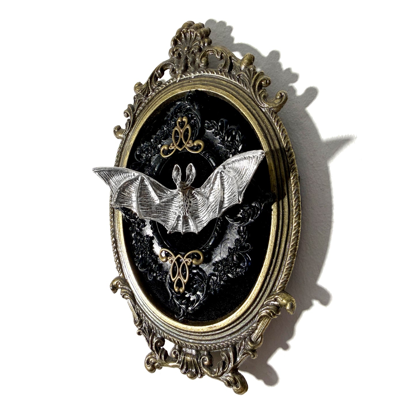 Large Silver Bat on Black Velvet Antique Framed Home Deco