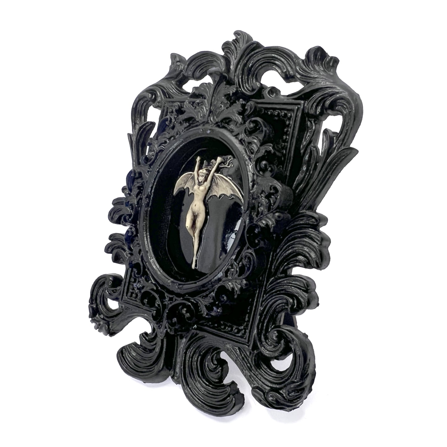 Small Black Resin Square Frame with Bat Woman on Black Velvet Gothic Home Deco