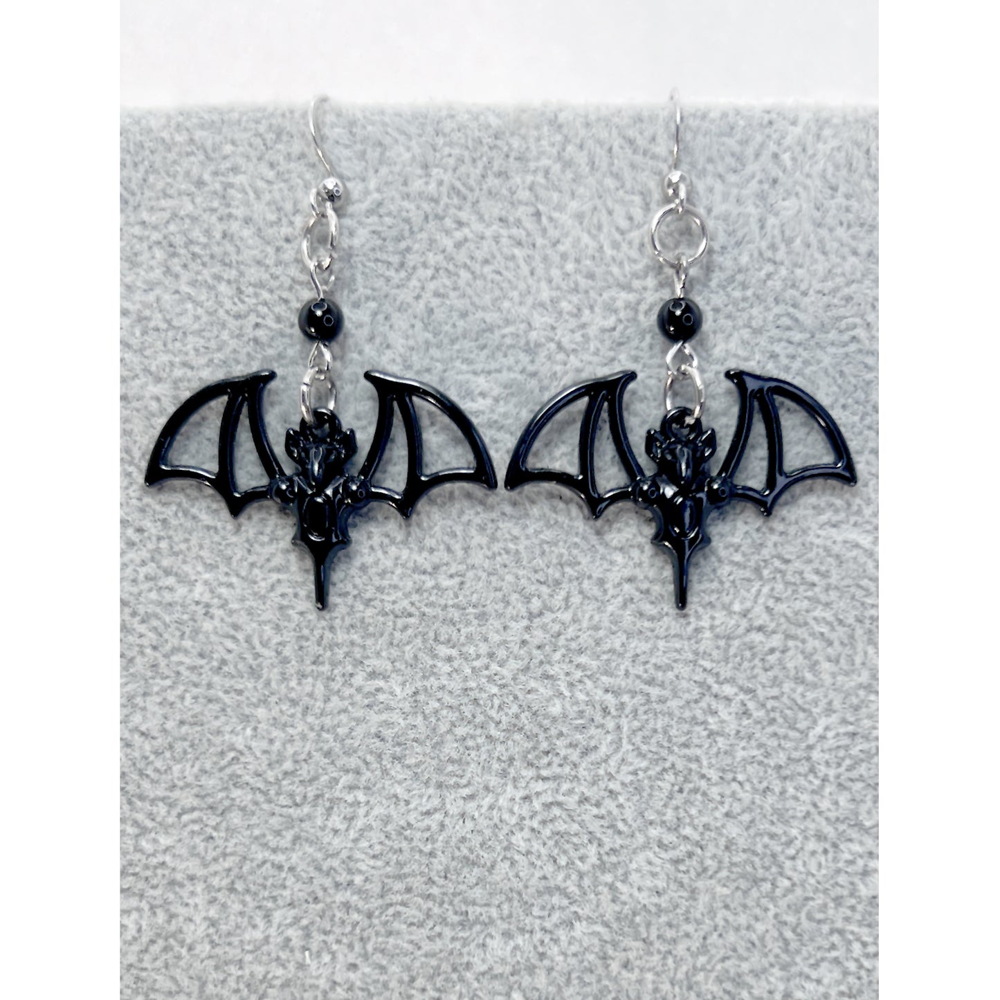 Black Flying Bat and Black Bead Earrings