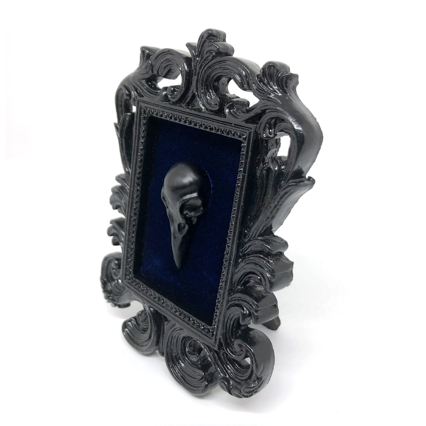 Small Black Resin Square Frame with Black Resin Bird Skull on Dark Blue Velvet Gothic Home Deco
