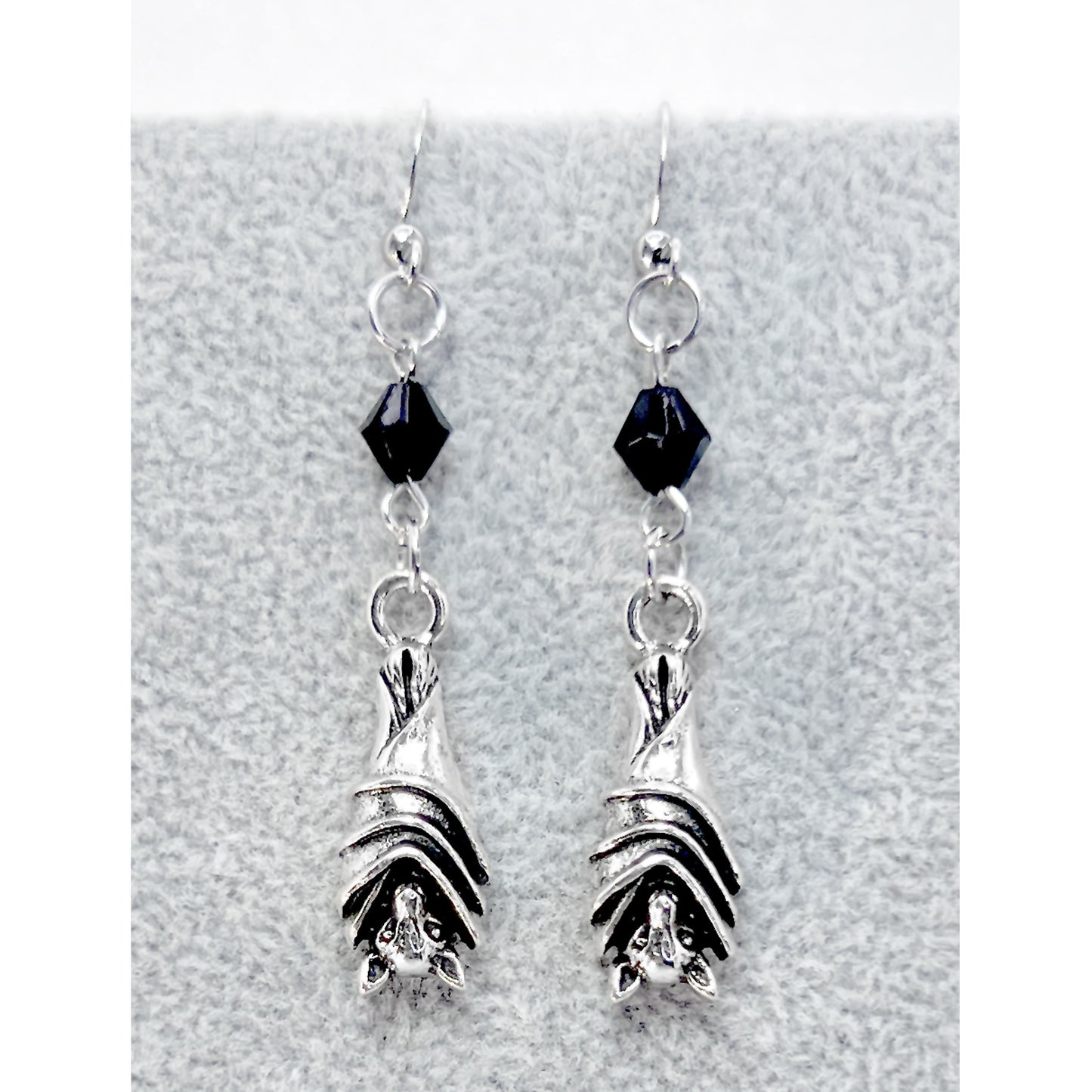 Silver Hanging Bat and Bead Earrings