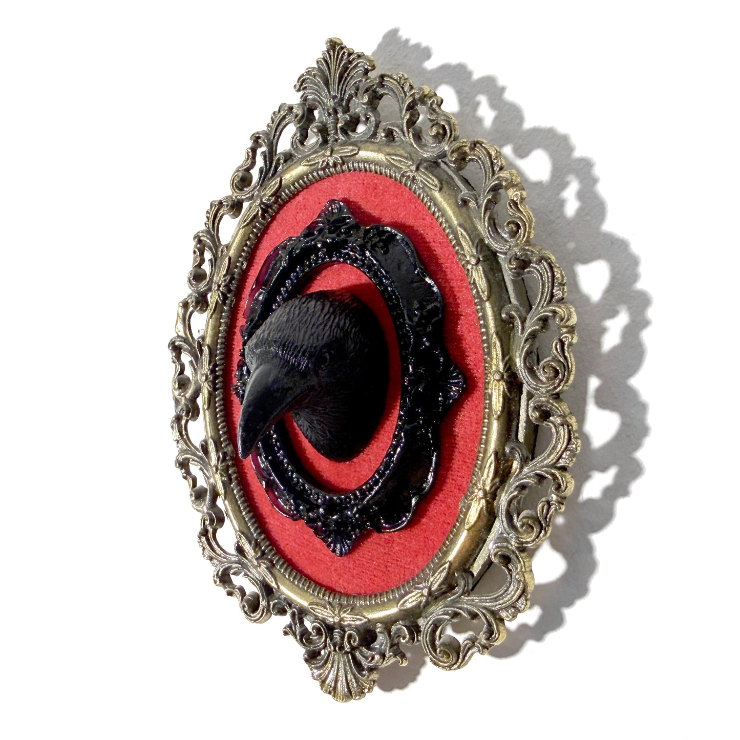 Raven Head on Red Velvet Antique Framed Home Deco