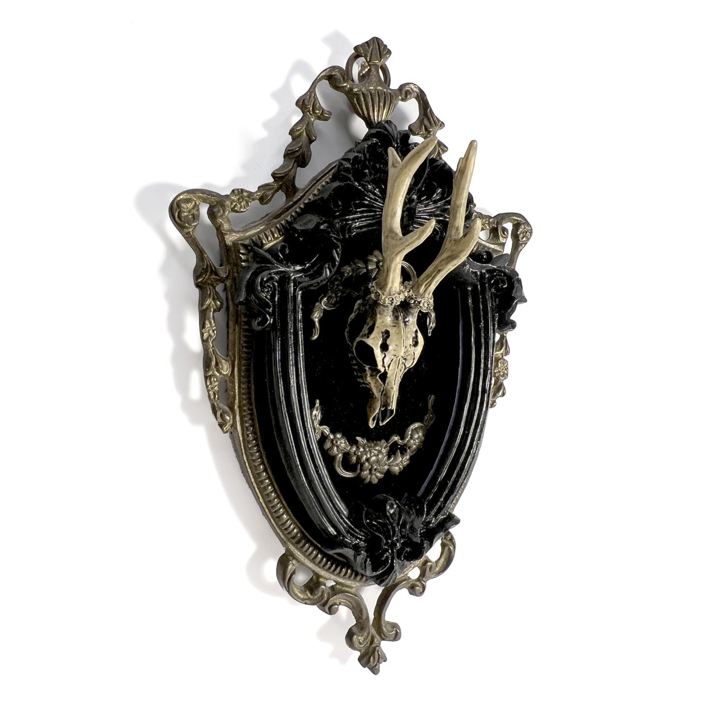 Resin Deer Skull in Unusual Shield Shape Antique Framed Home Deco