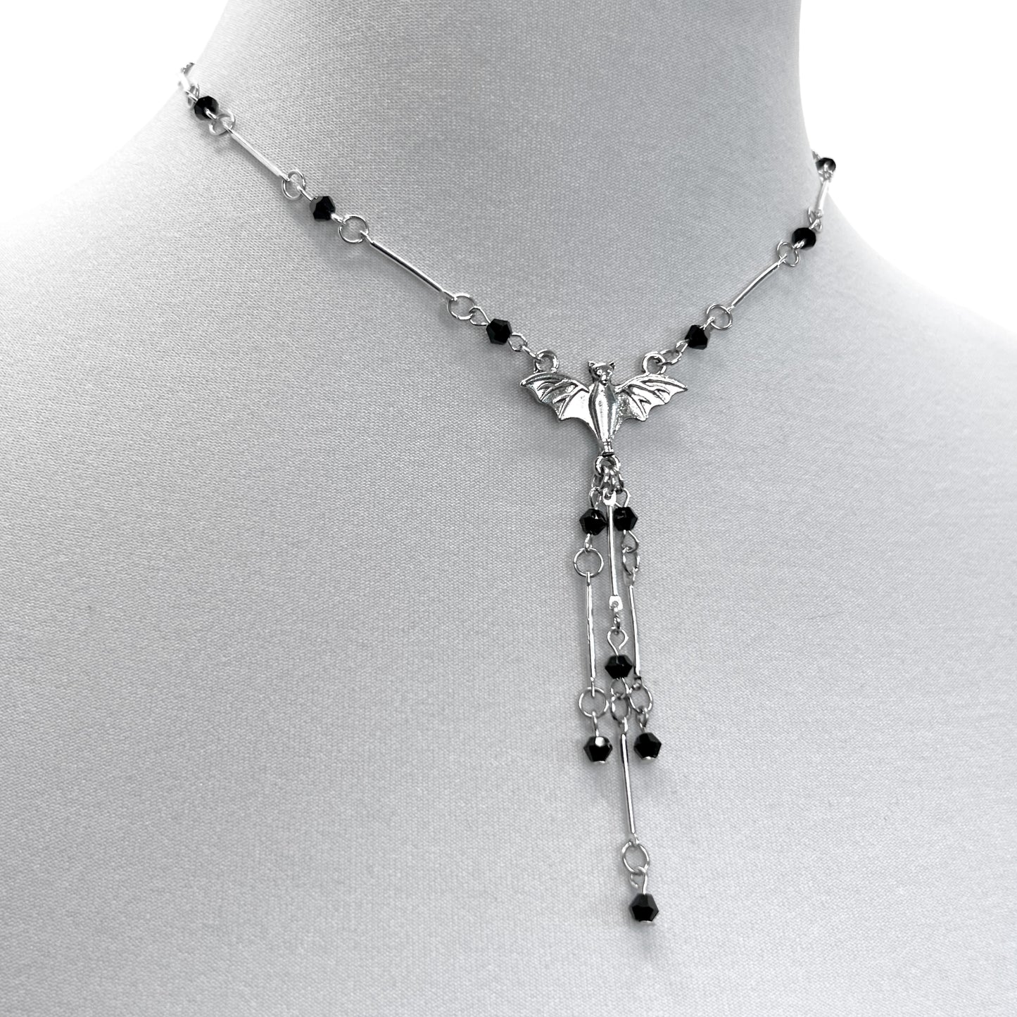 Silver Bat and Black Beads Necklace
