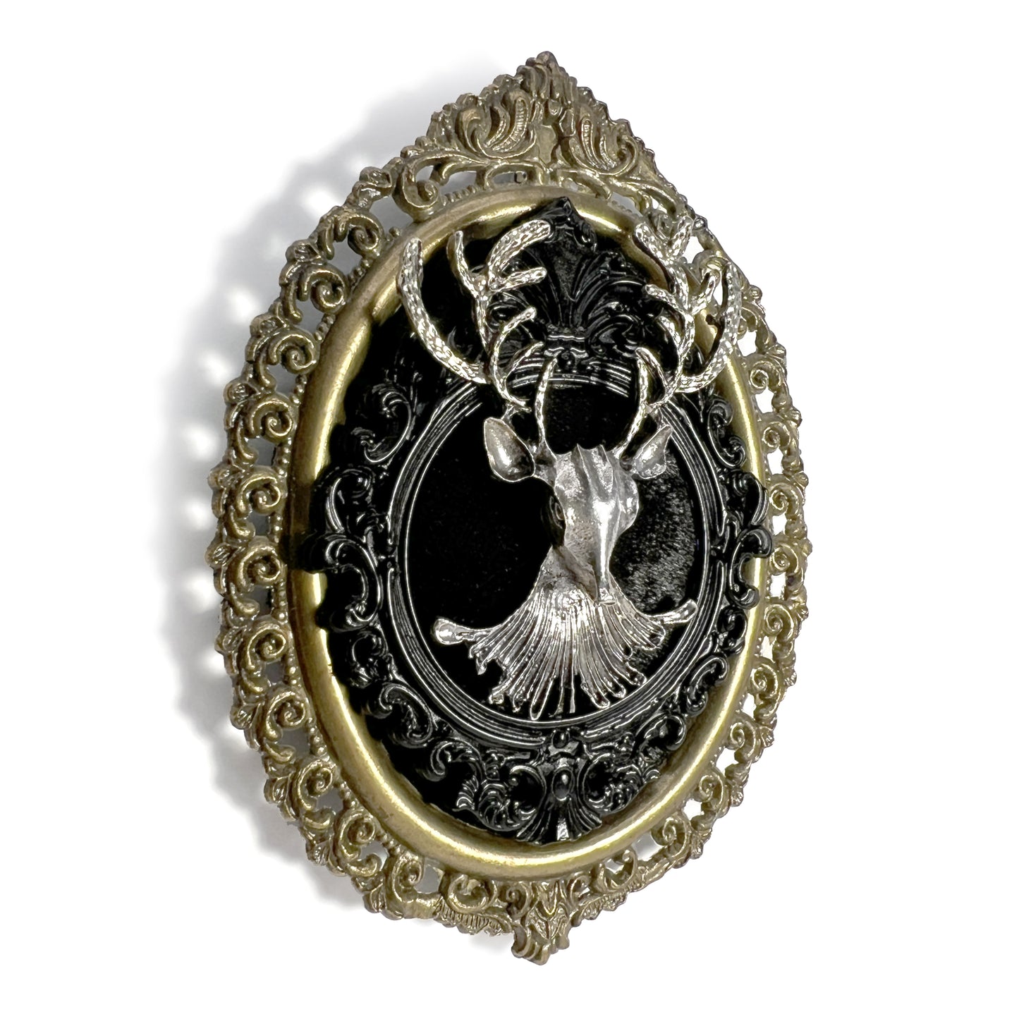 Silver Deer Head on Black Velvet Antique Framed Home Deco