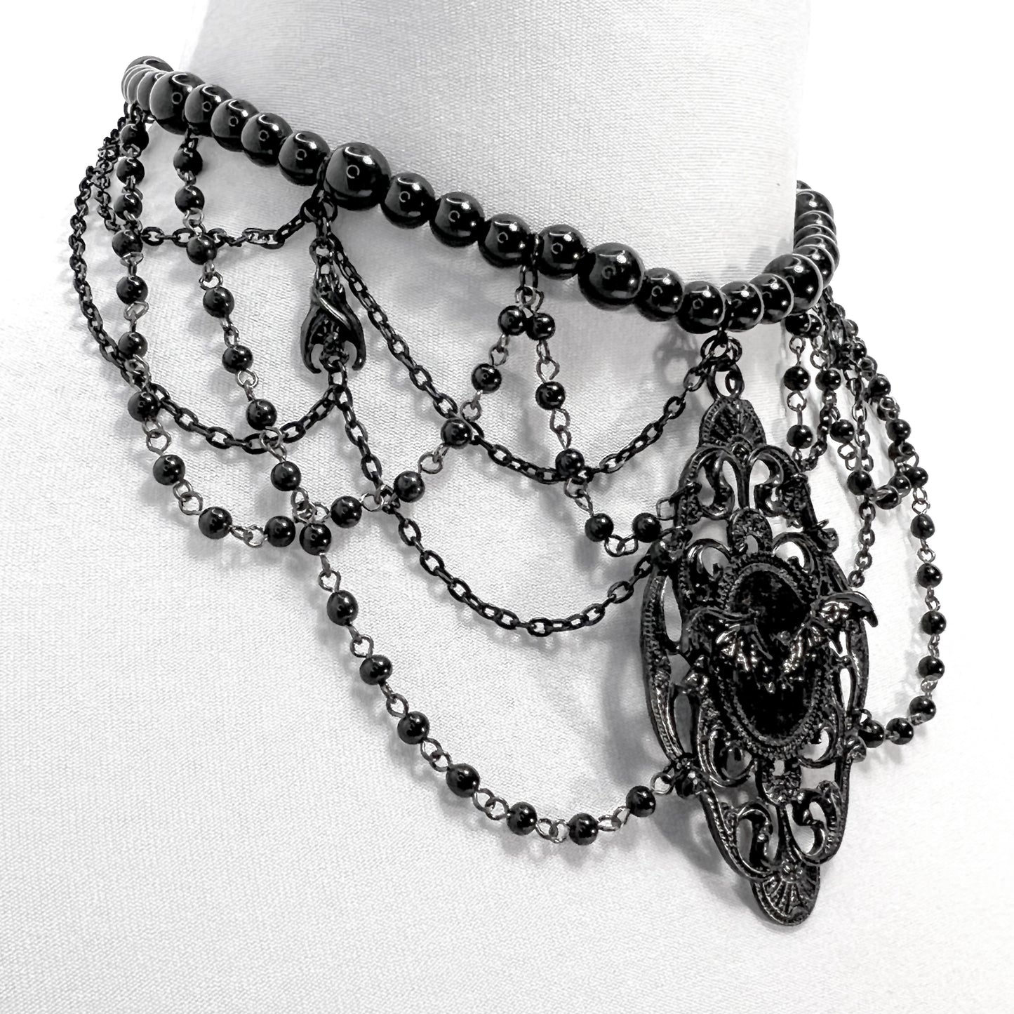 Black Beaded Gothic Necklace with Bats