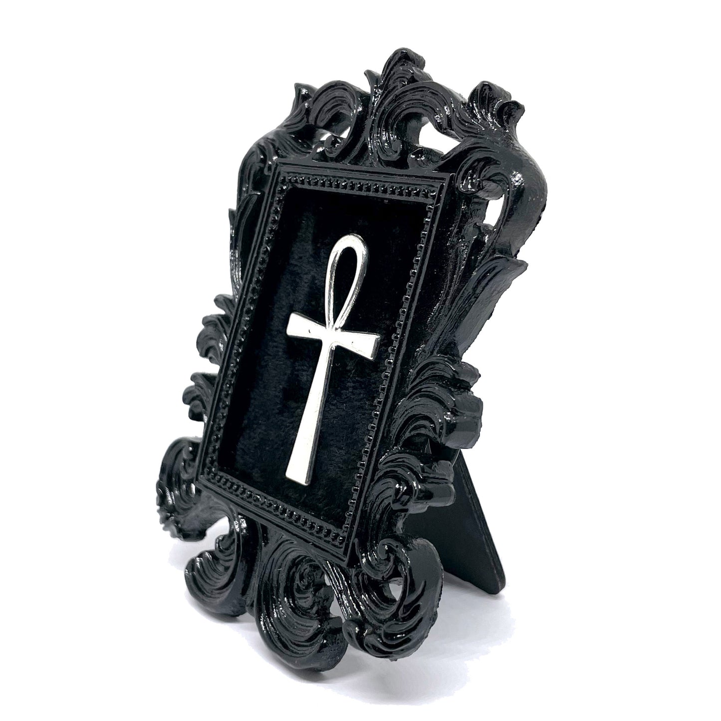Small Black Resin Square Frame with Silver Ankh on Black Velvet Gothic Home Deco