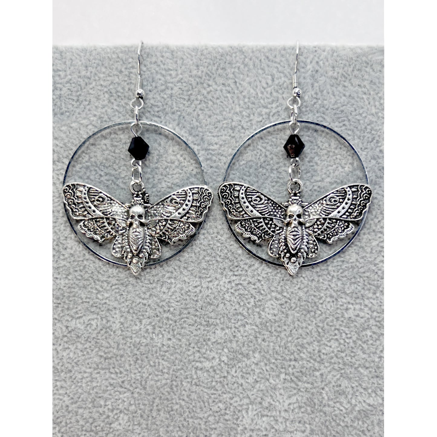 Silver Death Head Moth and Black Bead Earrings