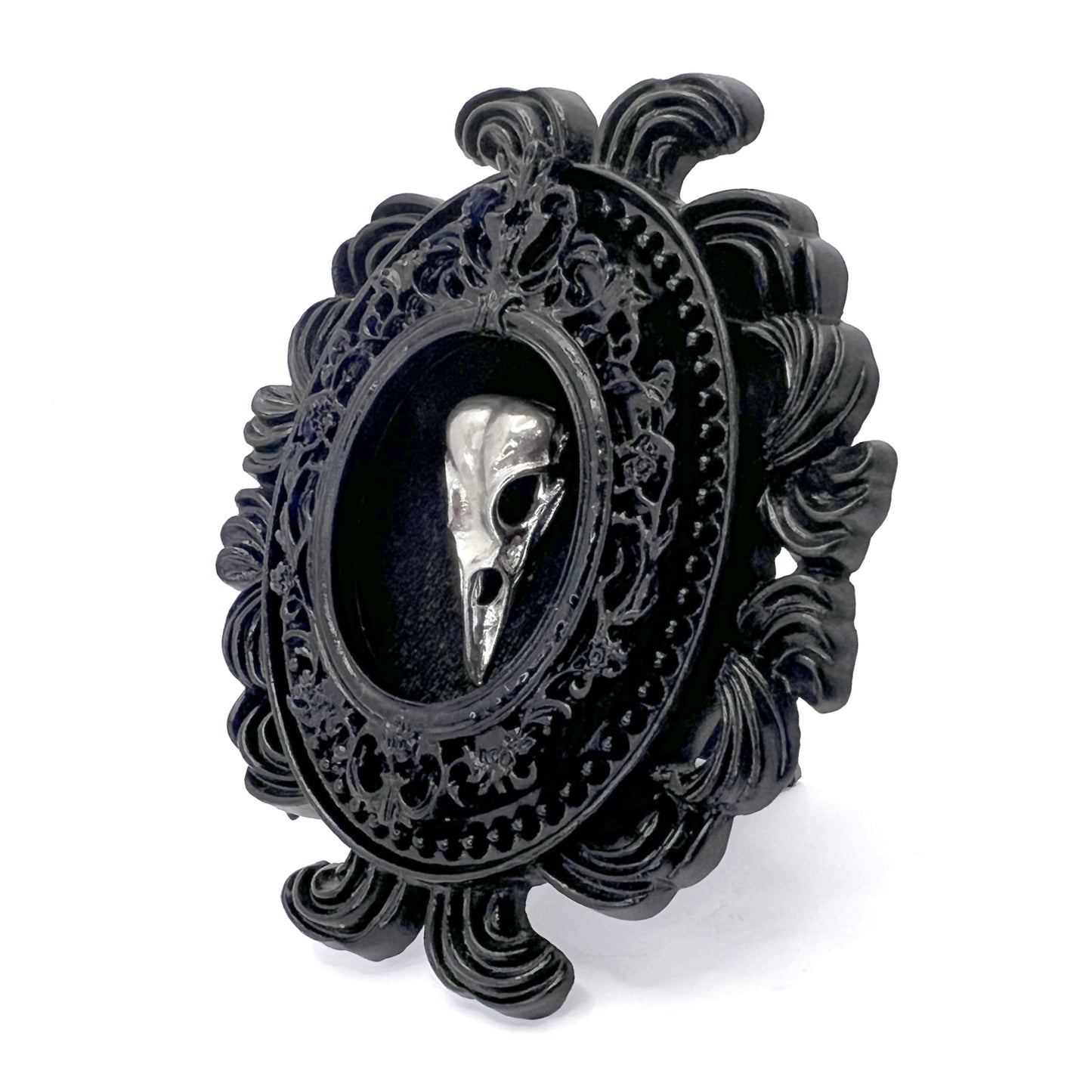 Small Black Resin Oval Frame with Metal Bird Skull on Black Velvet Gothic Home Deco