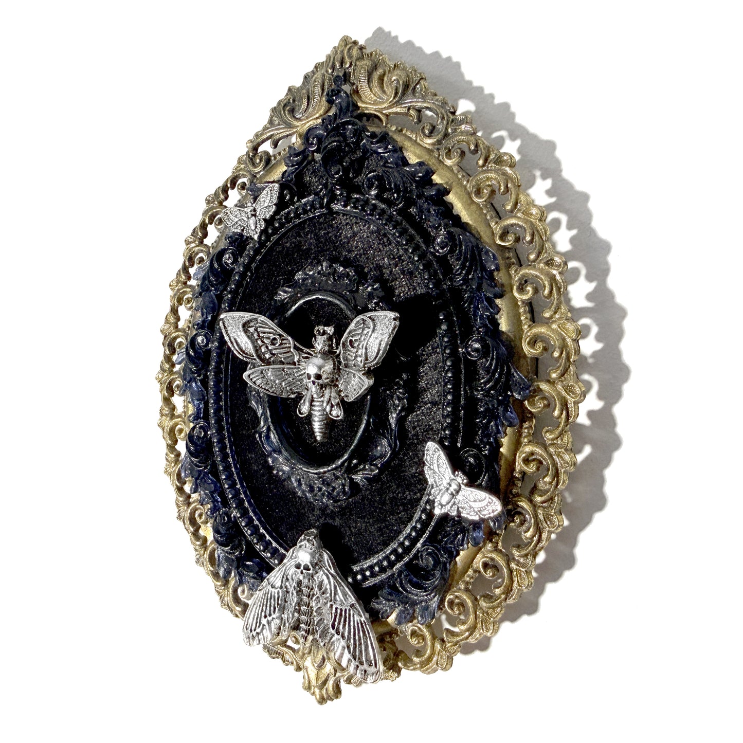 Death Head Moths on Black Velvet Antique Framed Home Deco