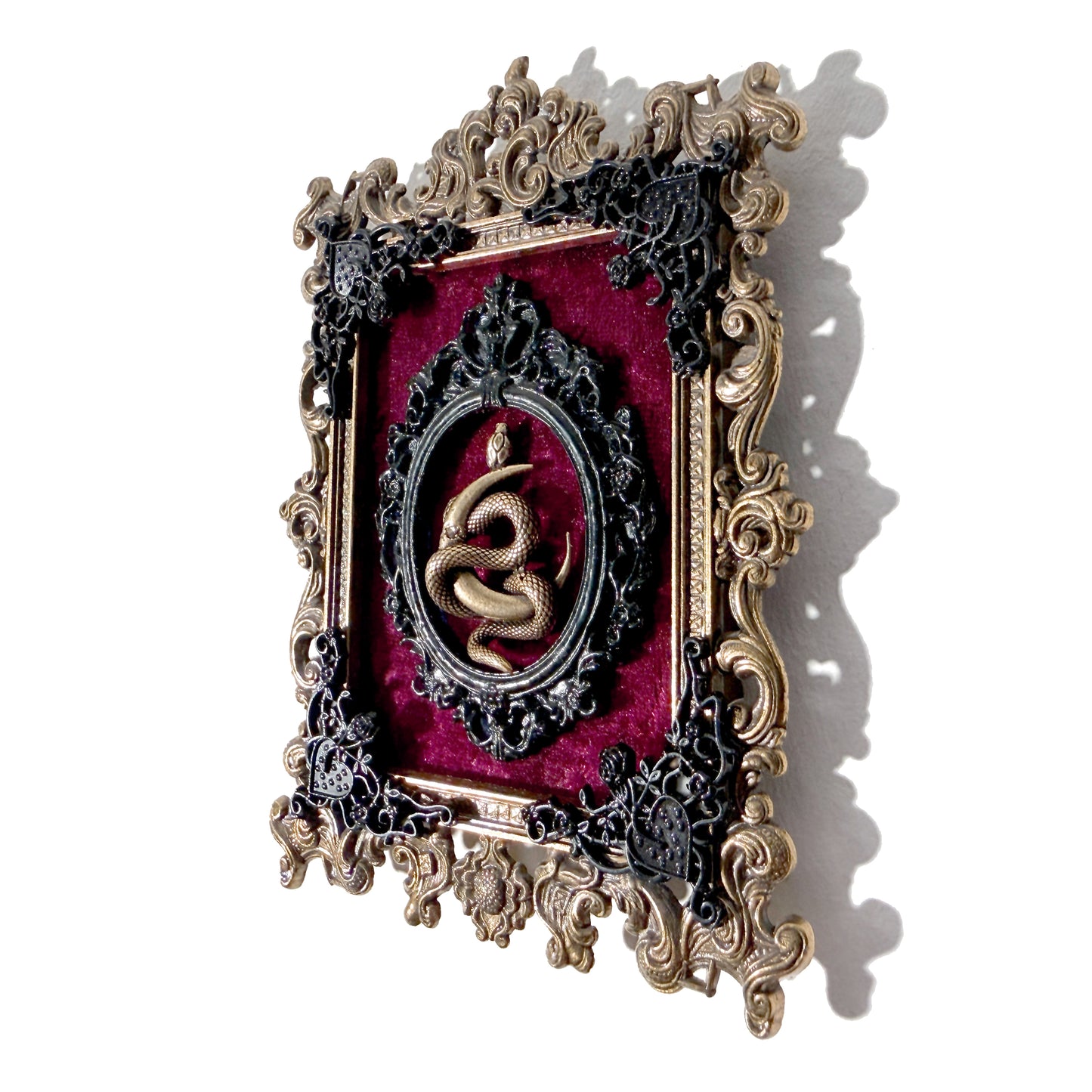 Snake and Crescent Moon on Burgundy Velvet Antique Framed Home Deco