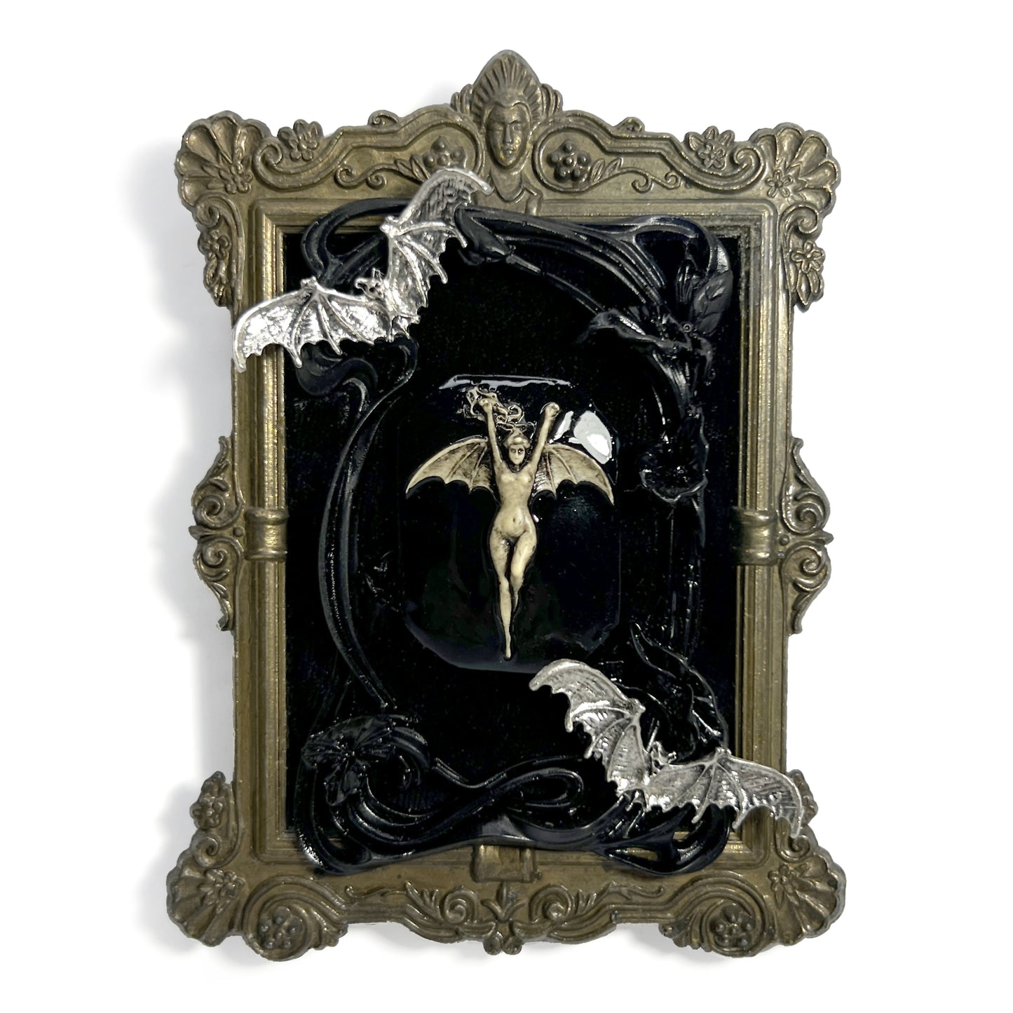 Black Bat Woman with Bats Antique Framed Home Deco