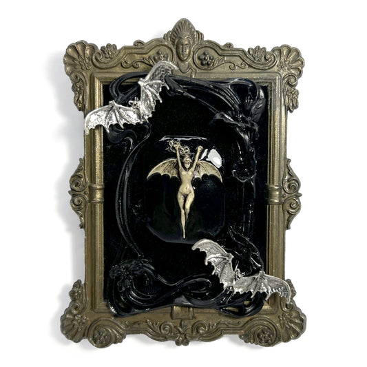 Black Bat Woman with Bats Antique Framed Home Deco