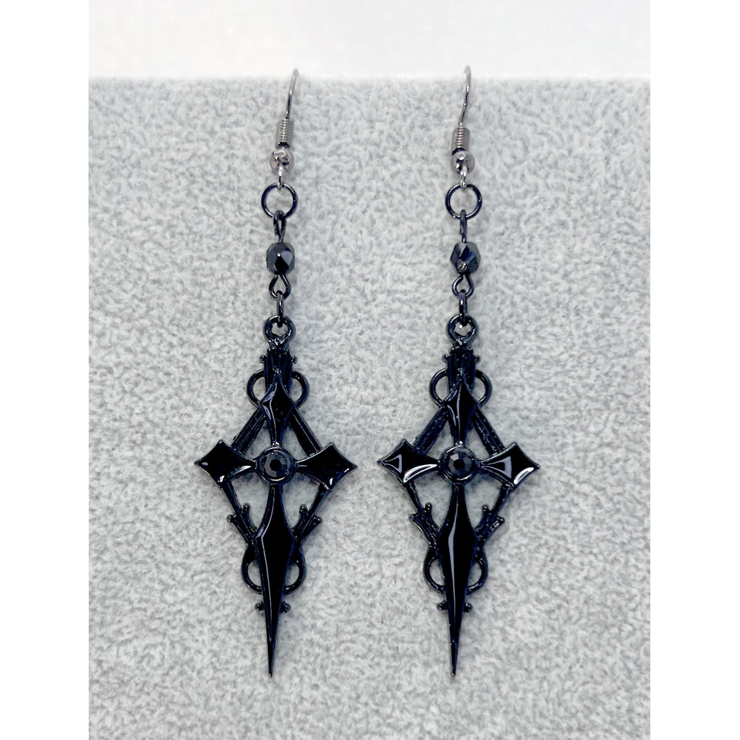 Black Pointed Gothic Cross and Bead Earrings