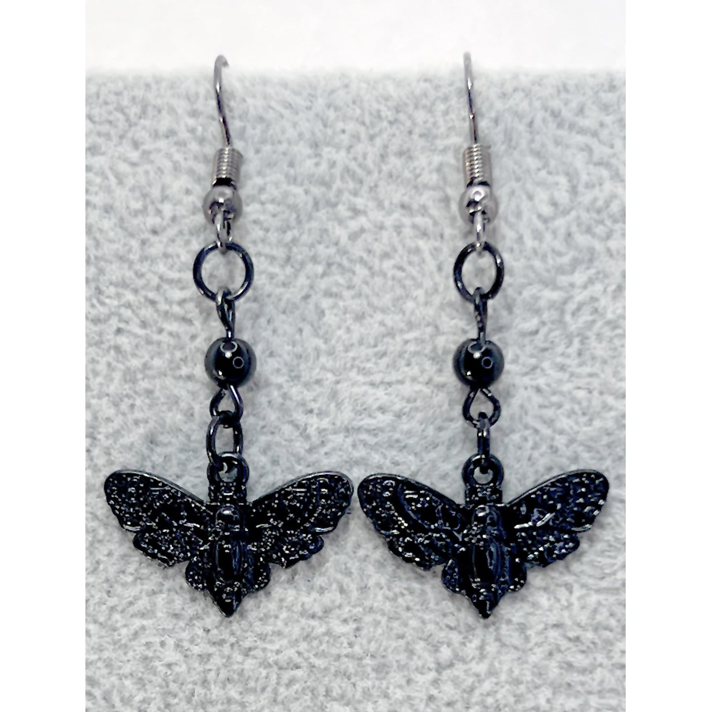 Small Black Death Head Moth and Bead Earrings