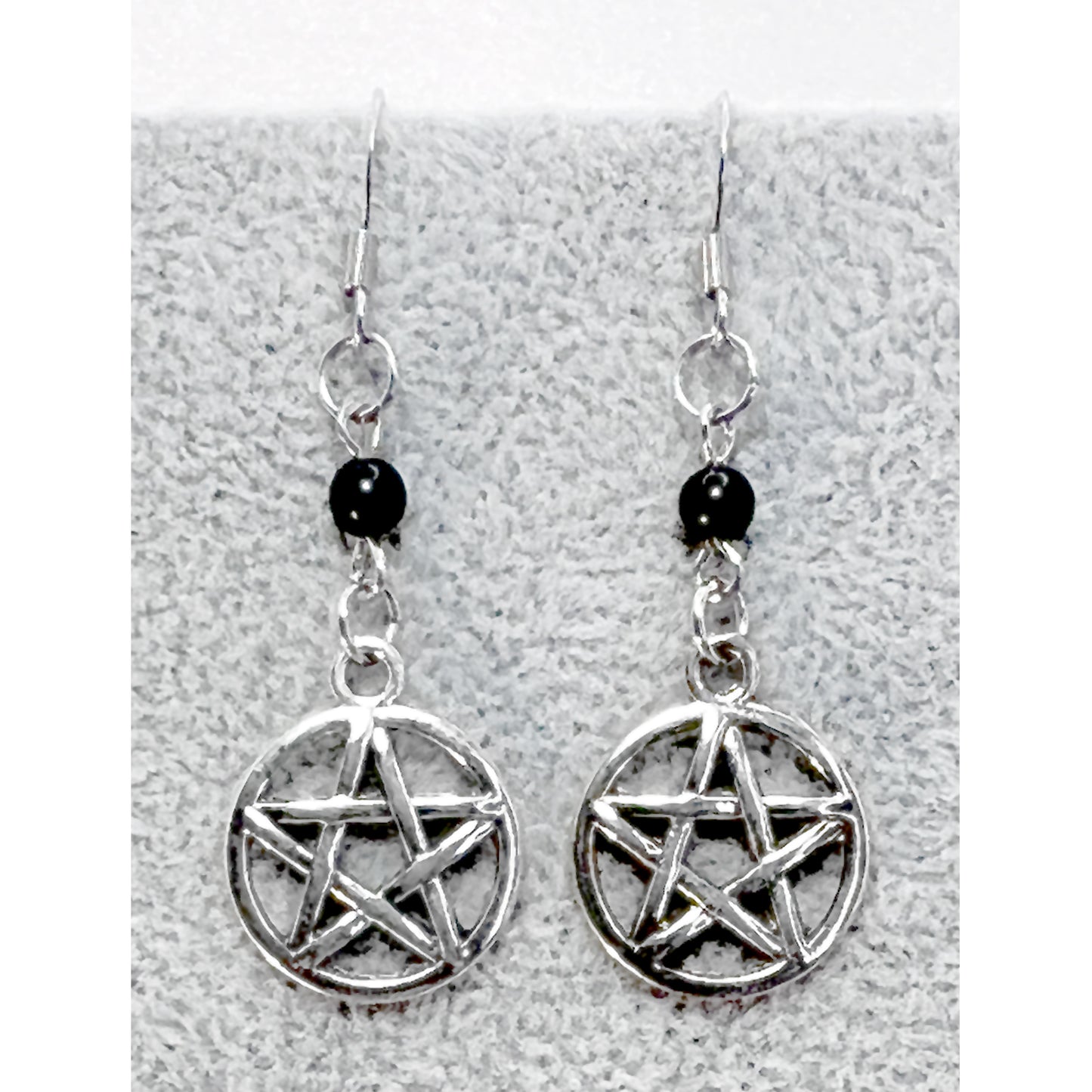 Silver Pentacle and Black Bead Earrings