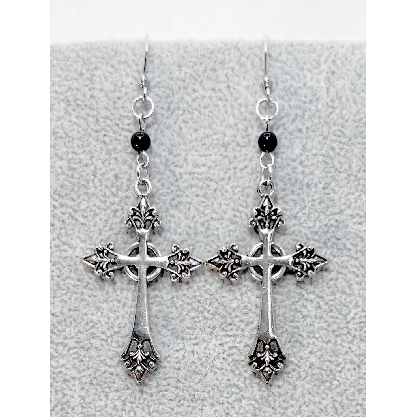Silver Gothic Cross and Bead Earrings