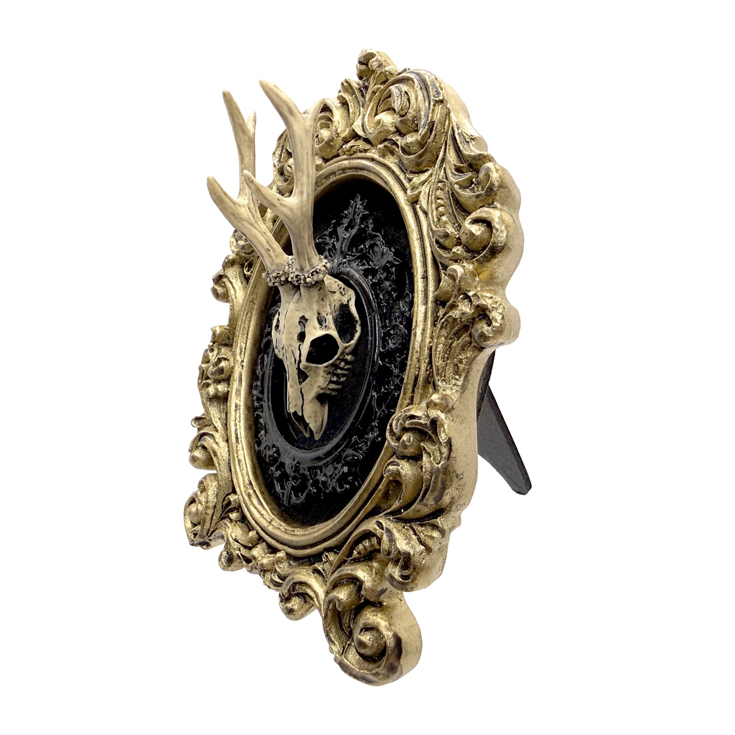 Small Aged Gold Frame with Antiqued Resin Deer Skull on Black Velvet Gothic Home Deco