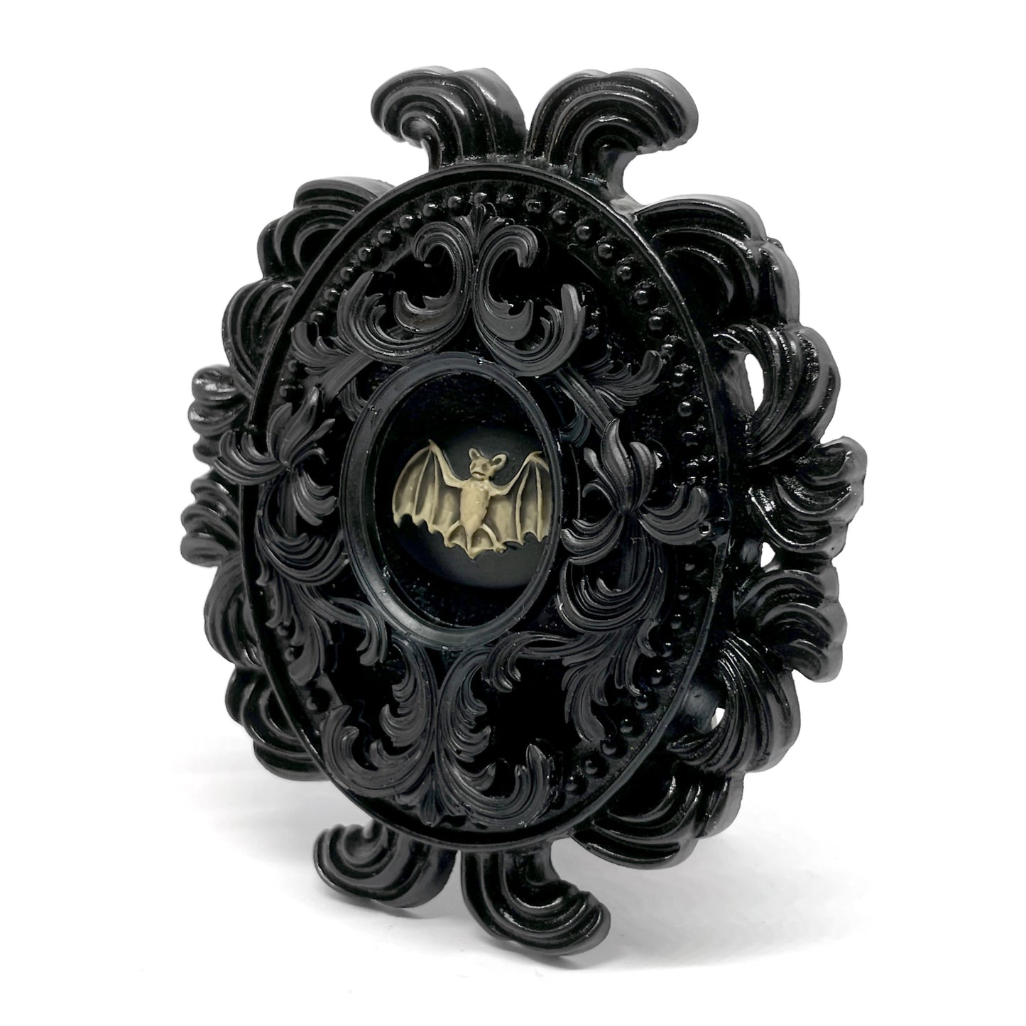 Small Black Resin Oval Frame with Antiqued Resin Bat on Black Velvet Gothic Home Deco