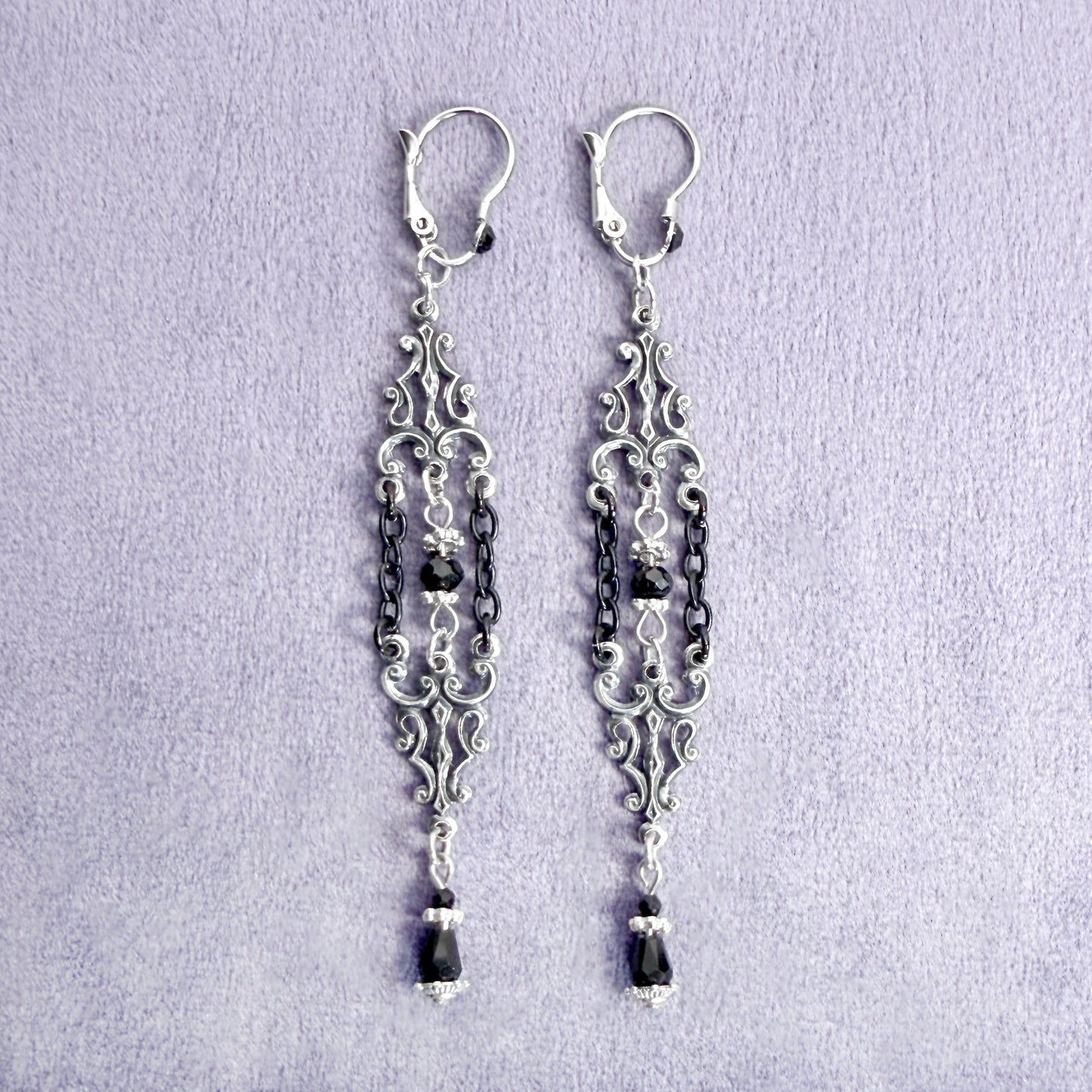 Silver Plated Nouveau Ornament and Black Bead Earrings