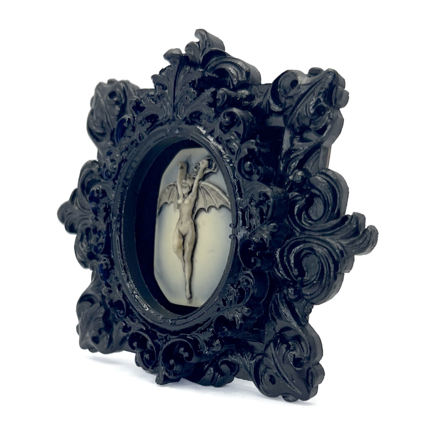 Small Black Resin Frame with Bat Woman on Black Velvet Gothic Home Deco