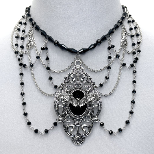 Silver with Black Multi-Strand Gothic Victorian Necklace with Bat