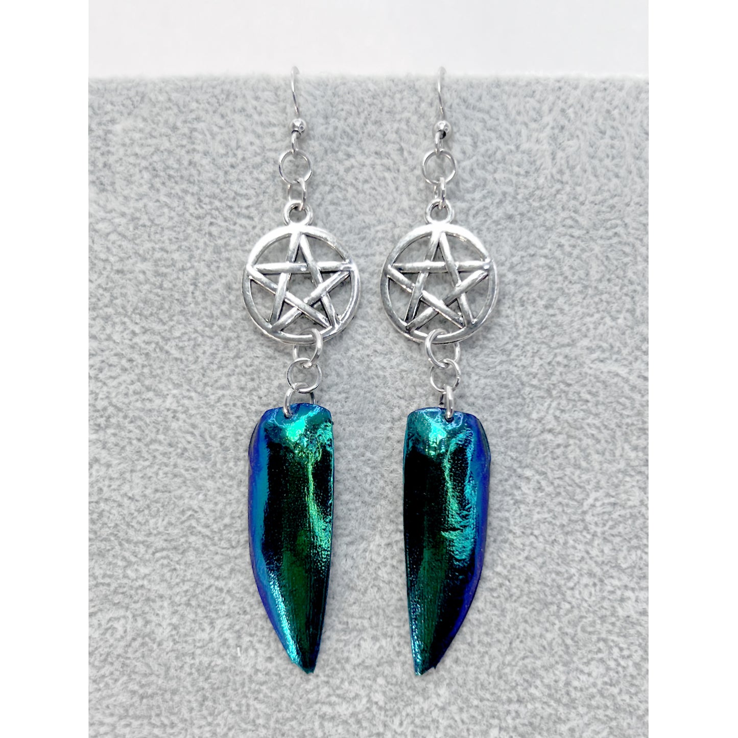 Silver Pentacle and Jewel Beetle Shell Earrings
