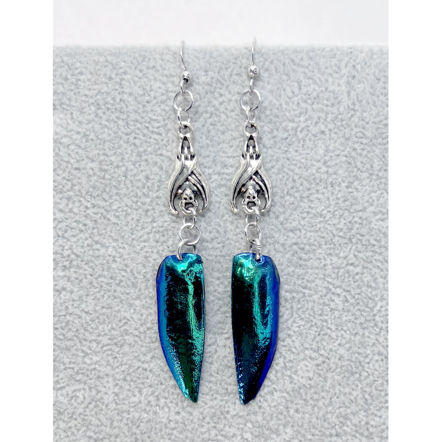 Silver Hanging Bat and Jewel Beetle Shell Earrings