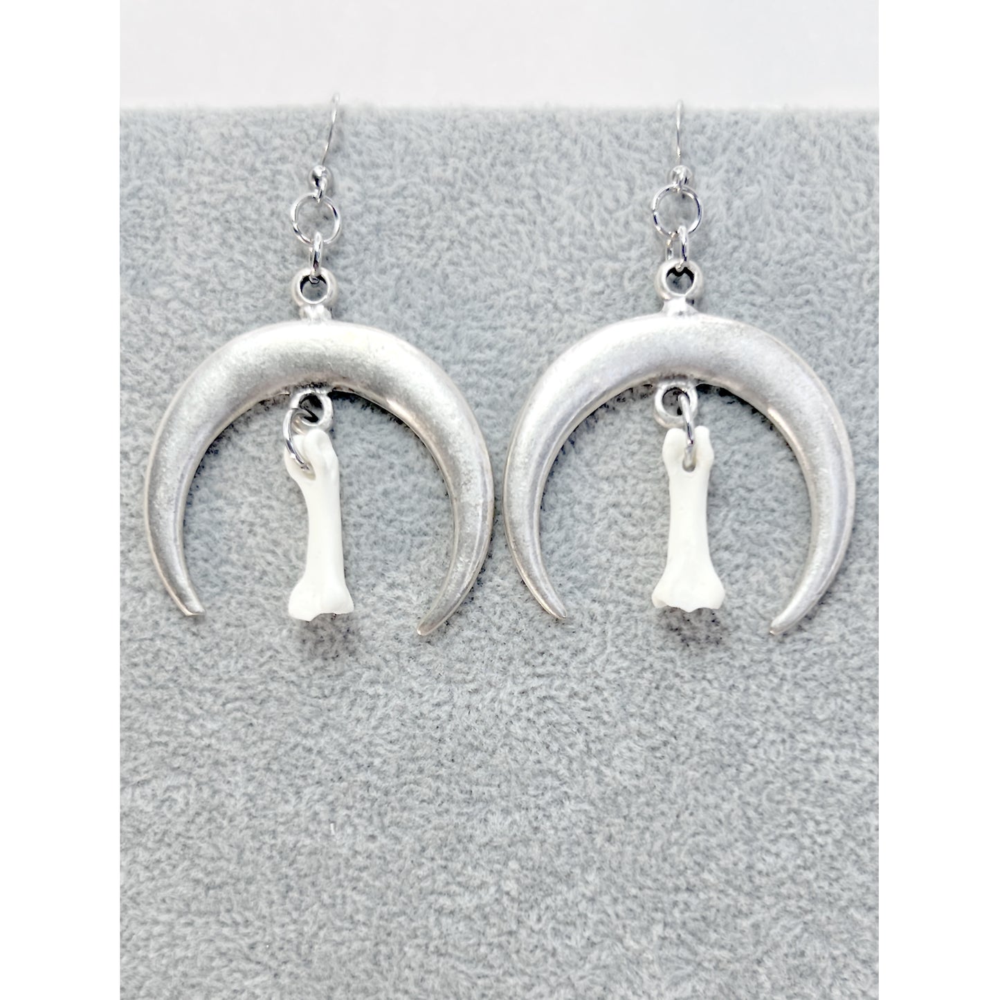 Large Silver Crescent Moon and Bone Earrings
