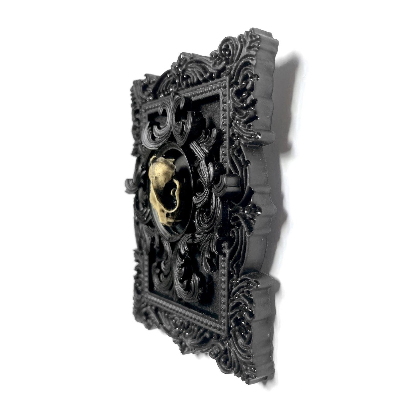 Black Resin Frame and Antiqued Bat Skull Gothic Home Deco