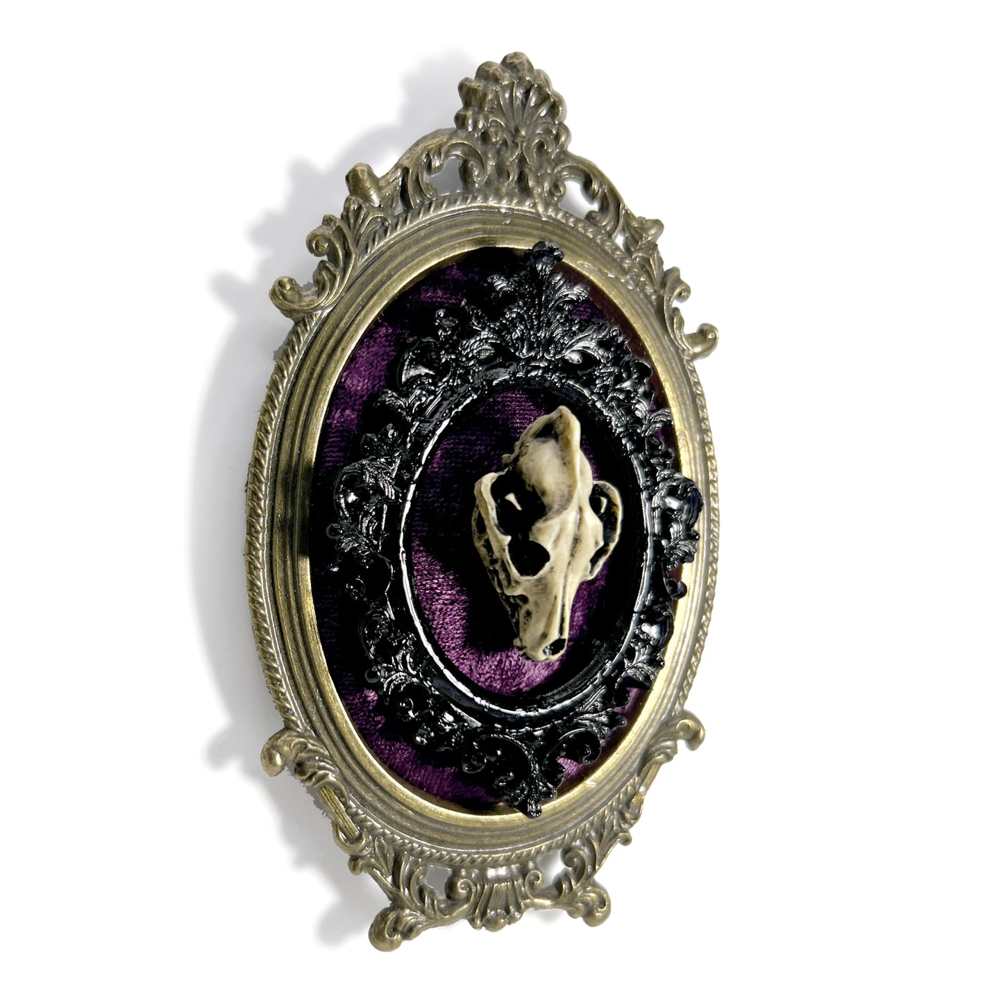 Resin Wolf Skull on Plum Velvet Antique Framed Home Deco
