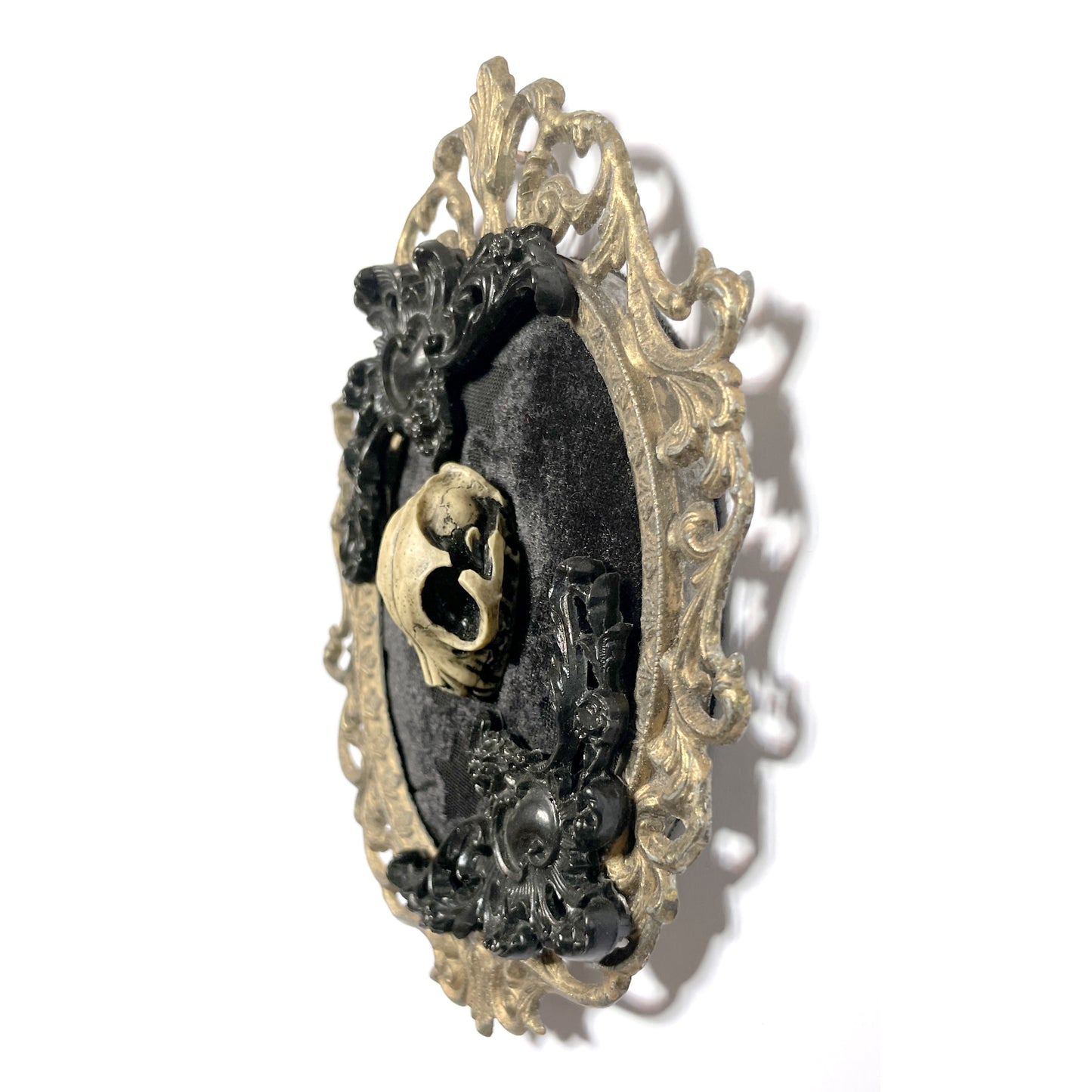 Cat Skull on Black Velvet Antique Framed Gothic Home Deco