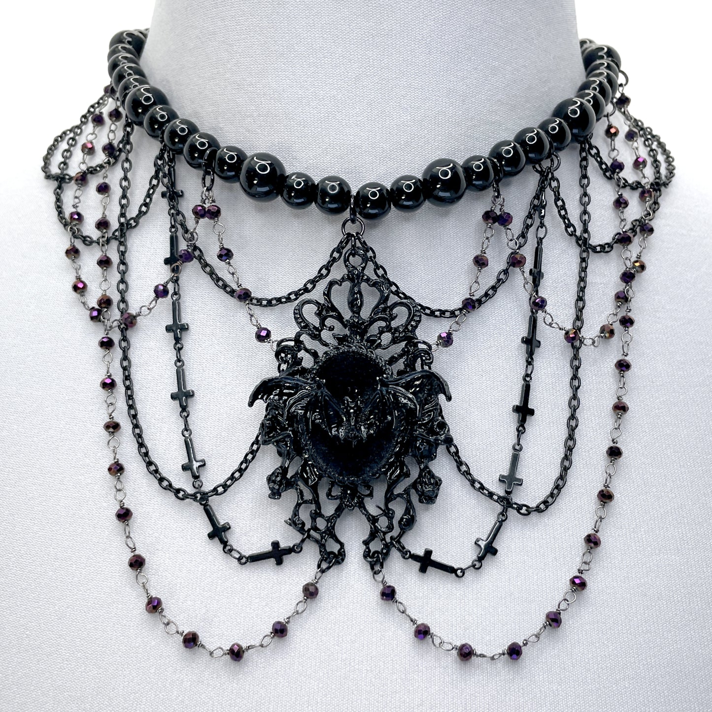Black Beaded Gothic Necklace with Purple Bead Chain and Bat