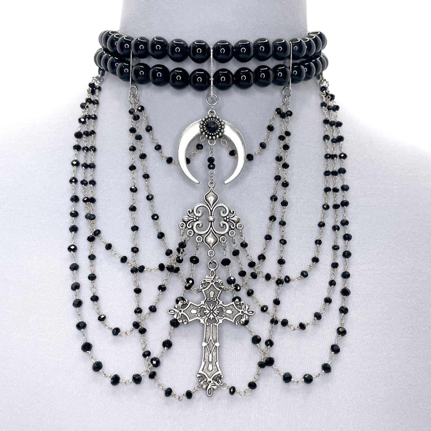 Black Bead Choker with Moon and Cross Multistrand Gothic Necklace