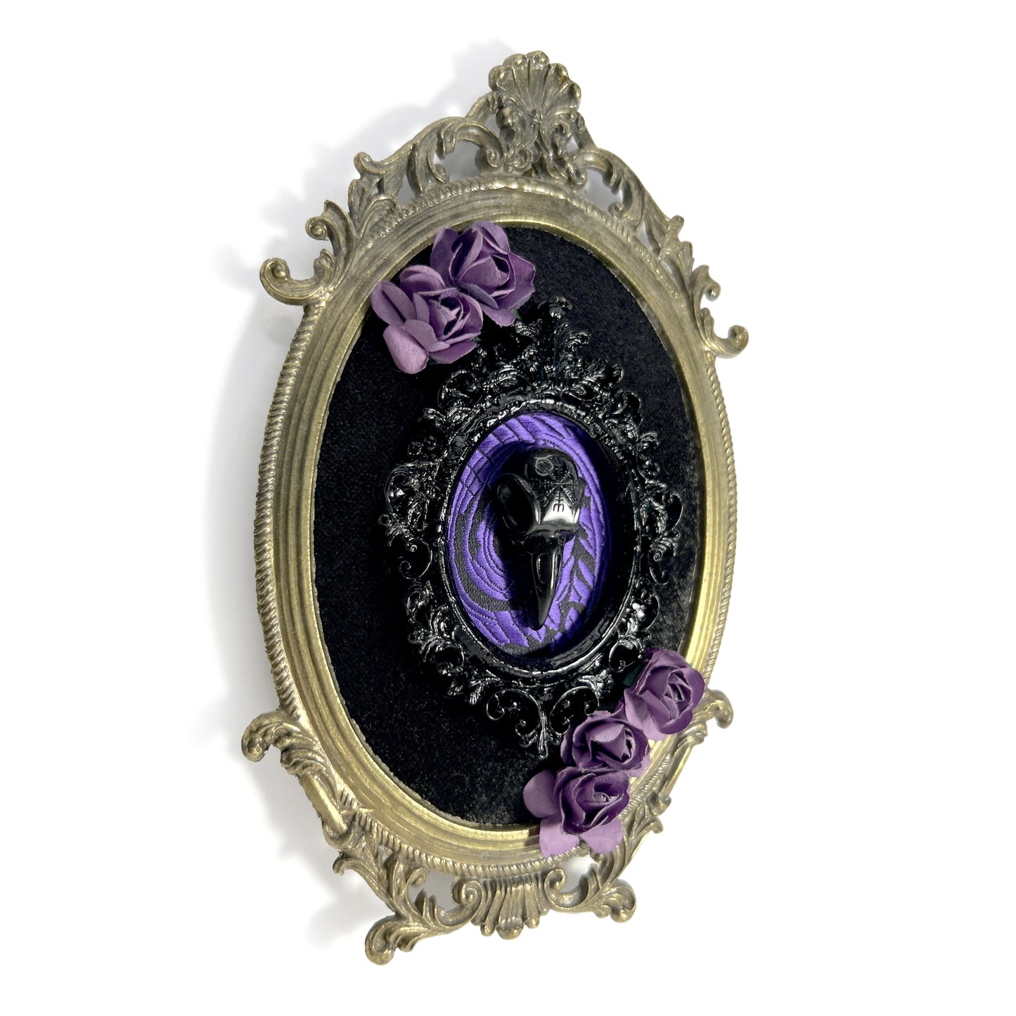 Black Resin Bird Skull on Black & Purple Antique Framed Home Deco