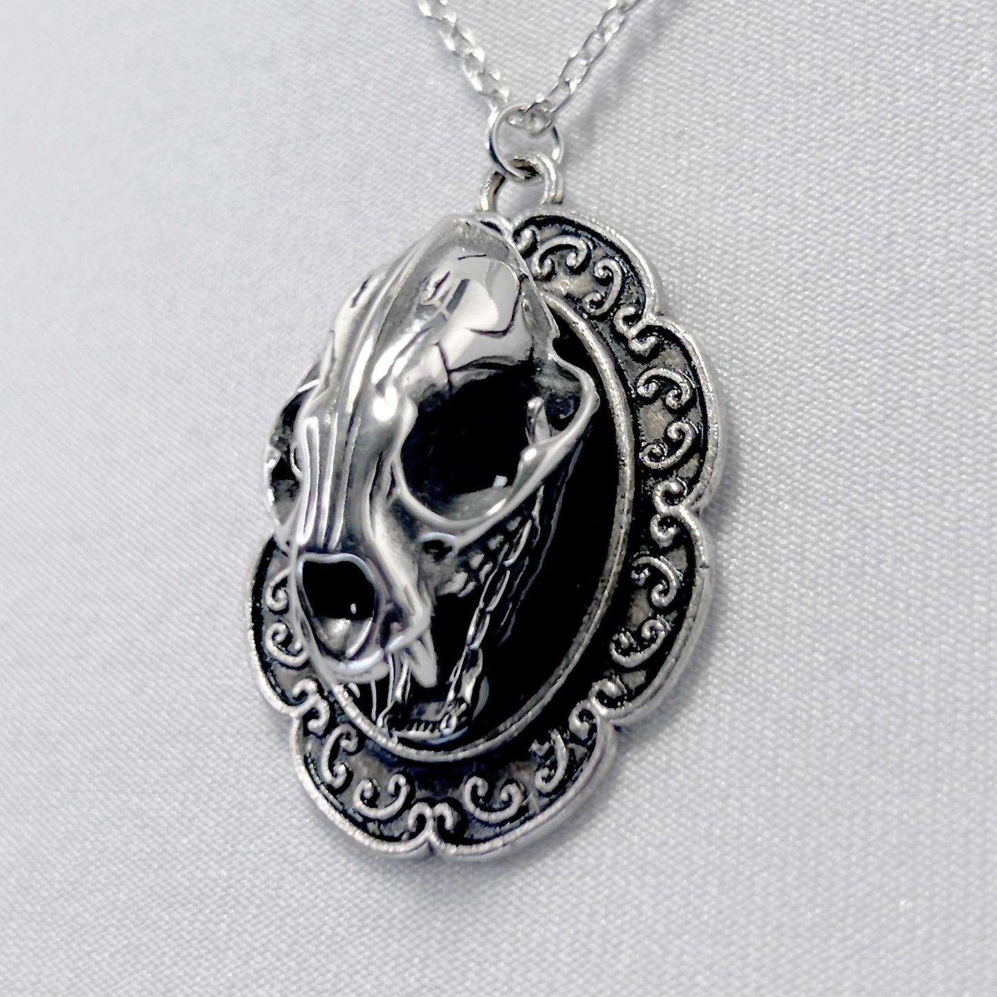 Silver Metal Cat Skull Necklace