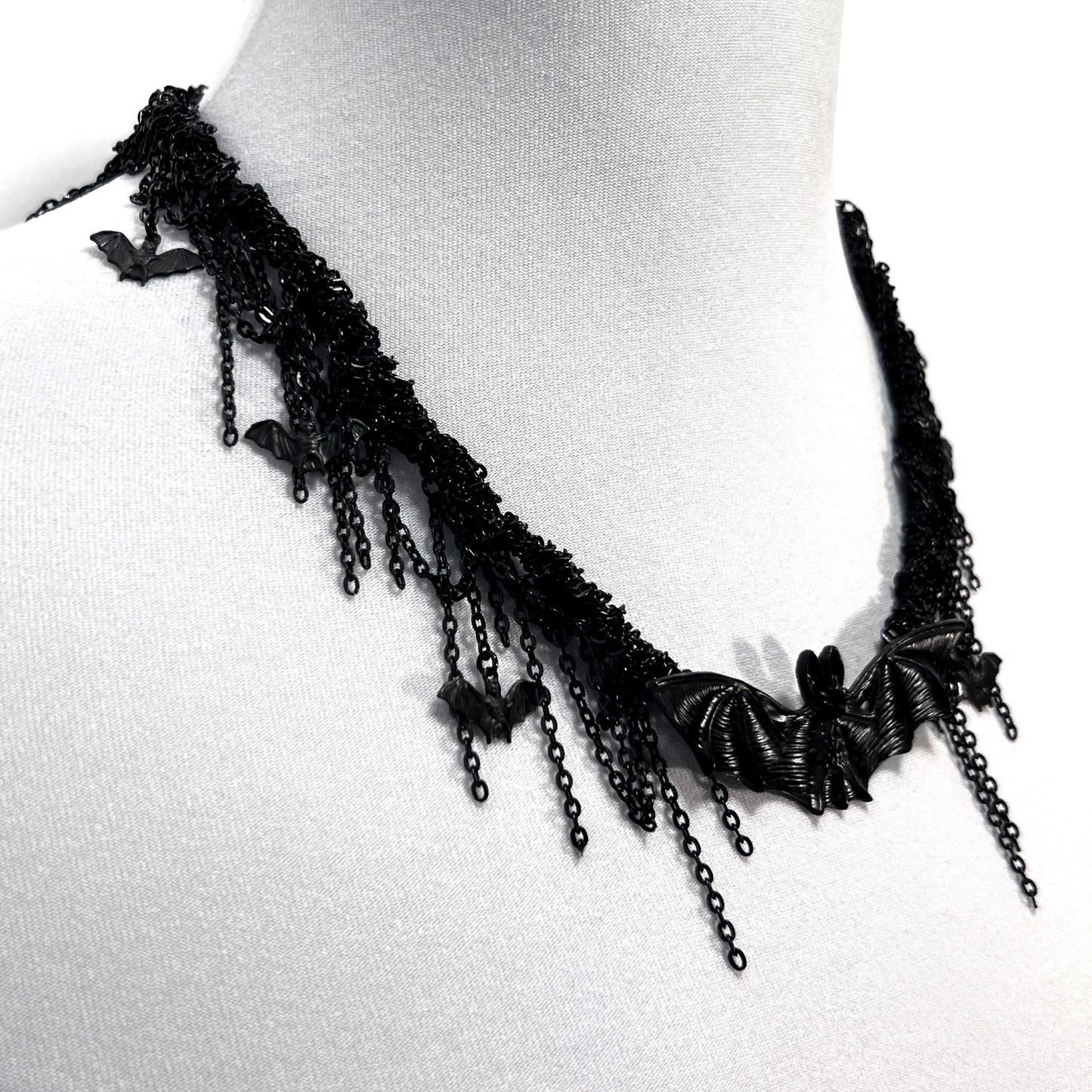 Black Woven Chain with Large Bat Gothic Necklace