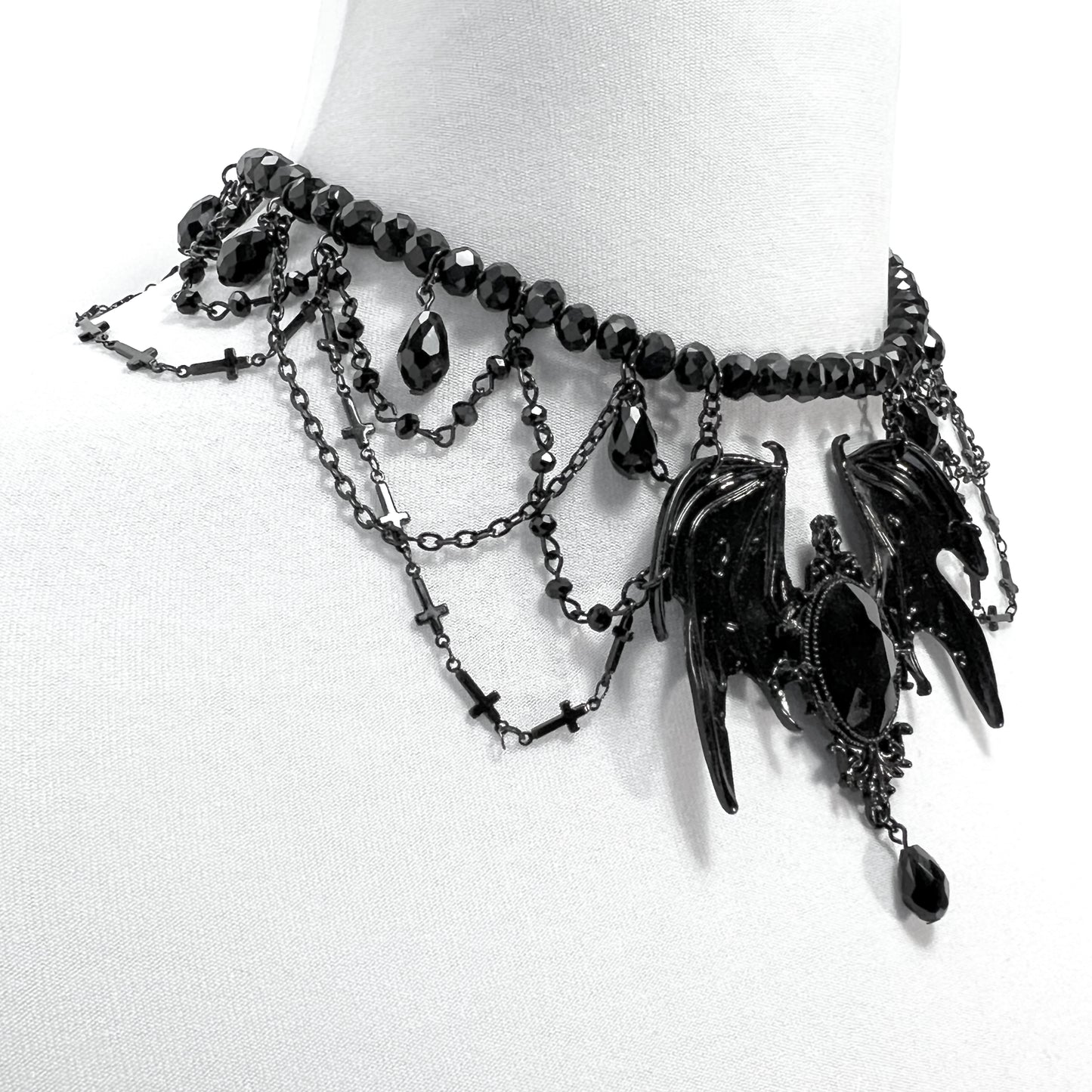 Black and Beaded Gothic Necklace with Large Wings Pendant