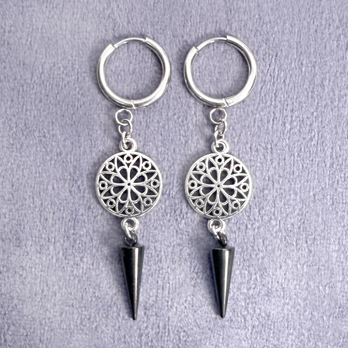 Silver Rose Window and Black Spike Earrings