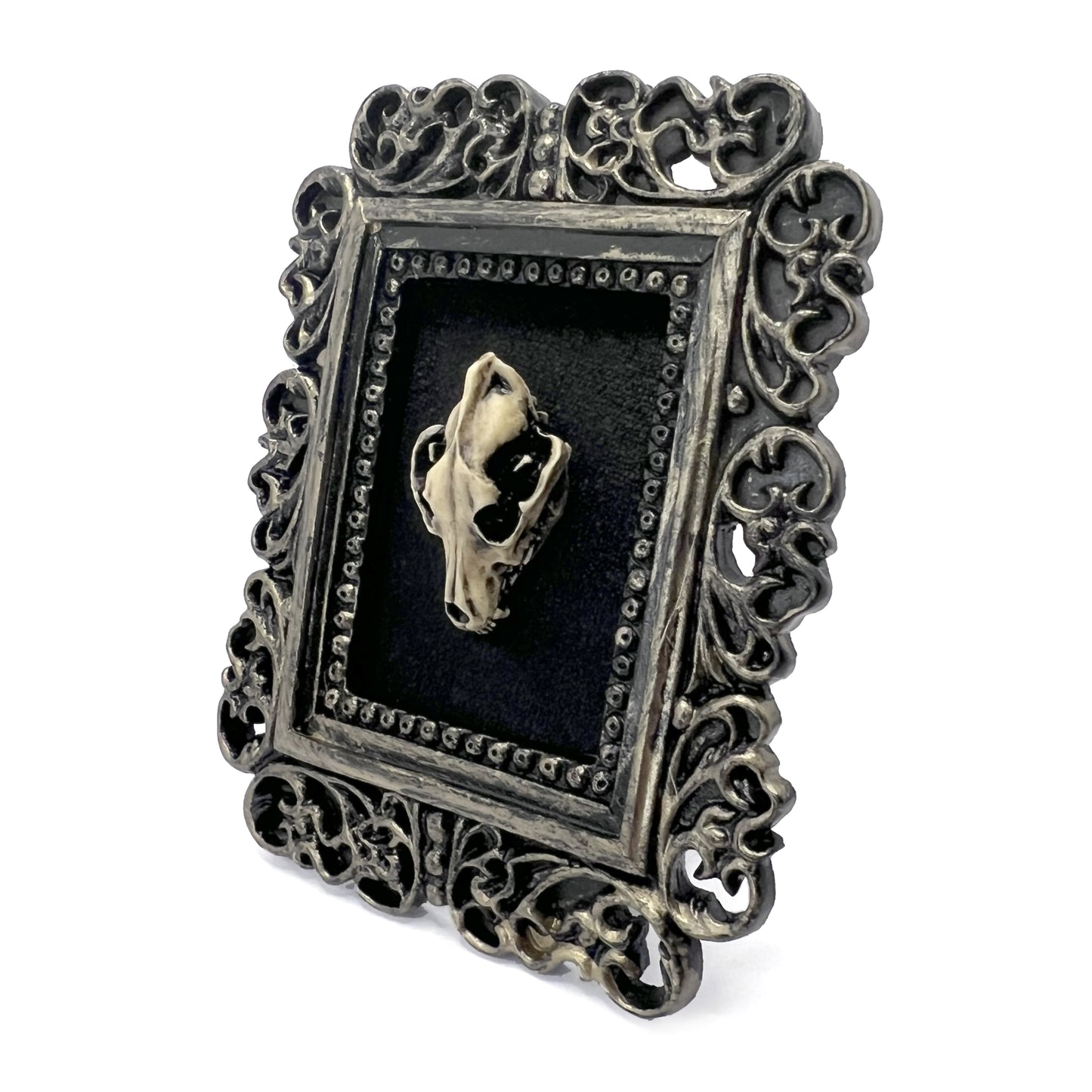 Small Black Gilded Resin Square Frame with Wolf Skull on Black Velvet Gothic Home Deco
