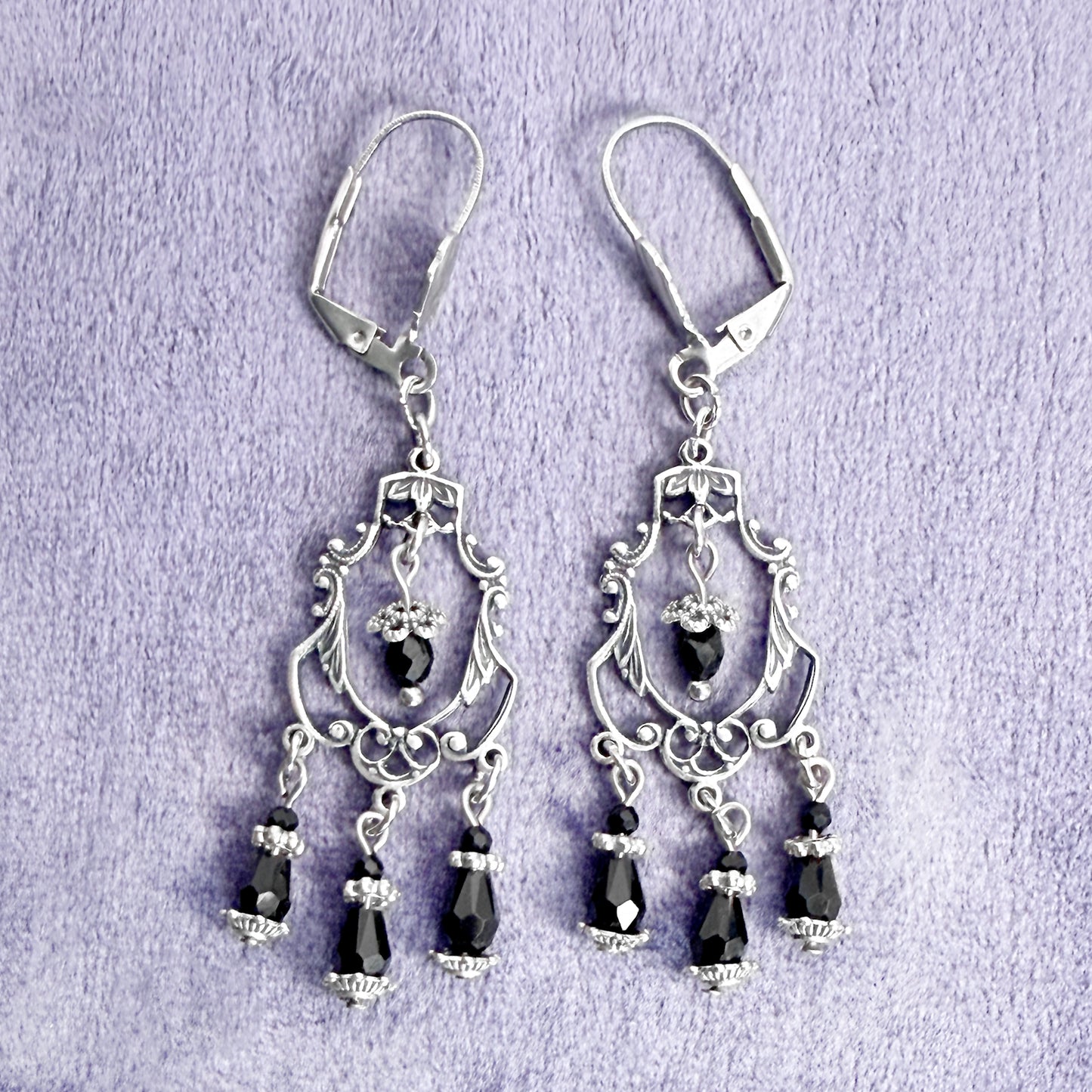 Silver Plated Ornate Ornament and Black Bead Earrings